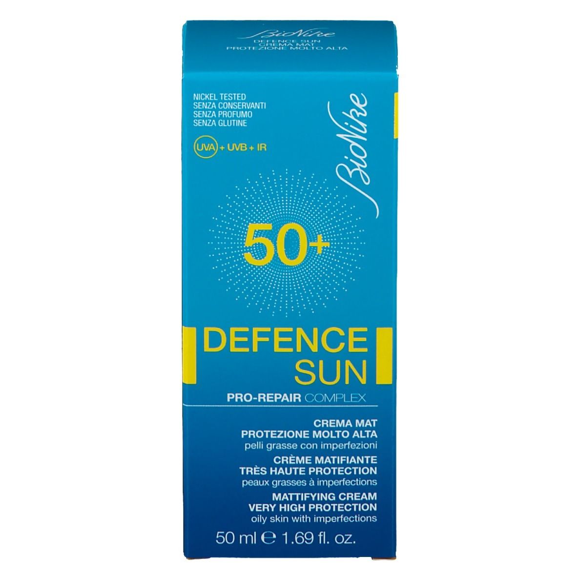 Scatola turchese. Scritta: 50+, Defence Sun, Crema Matt. Marca: BioNike. Con Pro-Repair Complex.