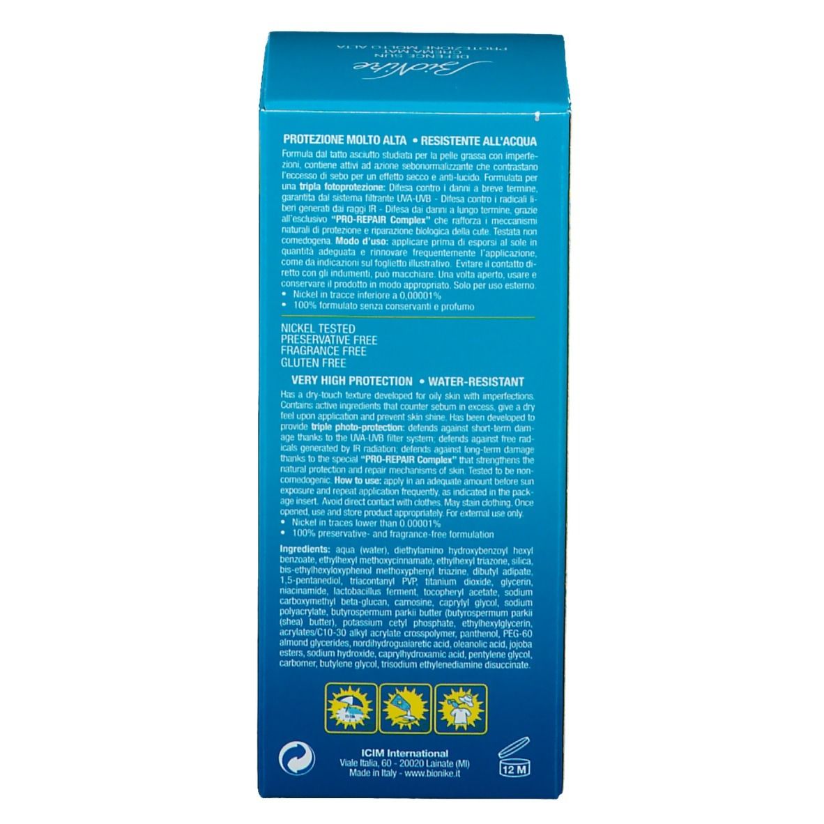 Retro della scatola turchese. Testo multilingue. Scritta: Protezione molto alta, Resistente all'acqua. Marca: BioNike.