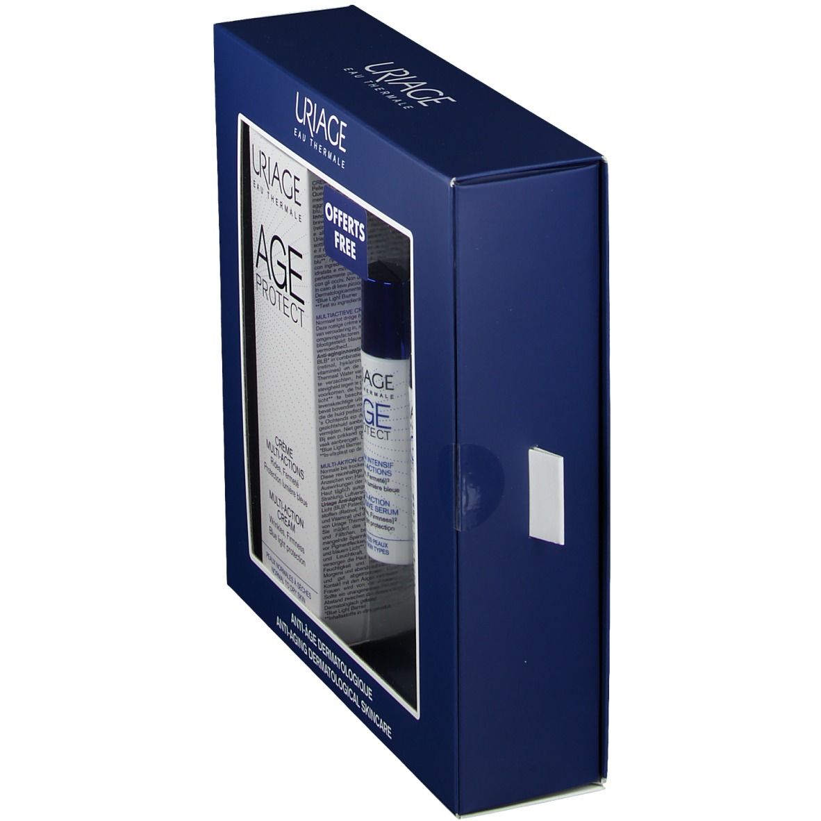 Confezione regalo blu scuro, vista di lato. Visibili un prodotto e parte dell'imballaggio con la scritta "AGE PROTECT".