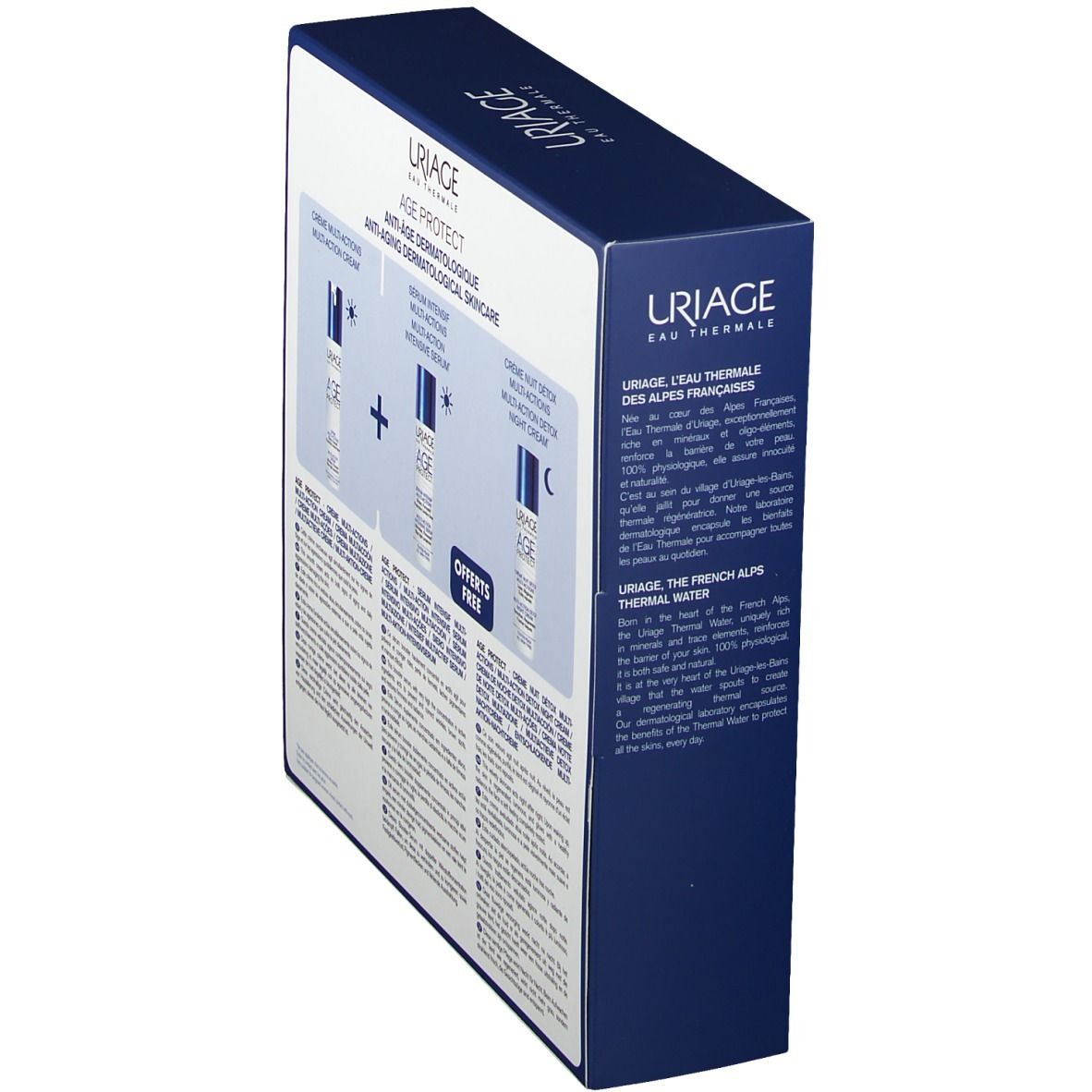 Confezione regalo blu scuro, vista obliqua da dietro. Scritta "AGE PROTECT" e logo "URIAGE". Testo in diverse lingue.