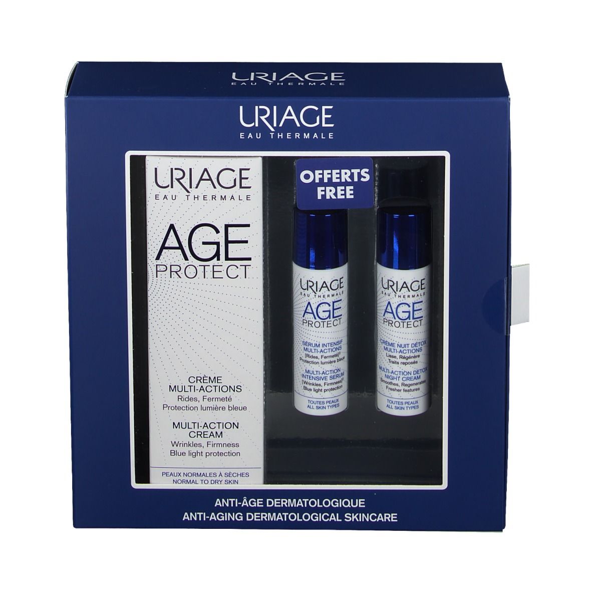 Confezione regalo blu scuro con tre prodotti. Scritte "AGE PROTECT" e "URIAGE". Due flaconi piccoli e un imballaggio più grande.