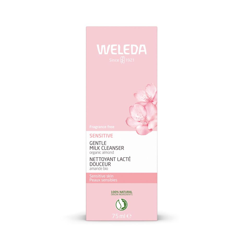 Confezione Weleda. Design rosa e bianco con nome del prodotto e motivo floreale. Indicazione 75ml.