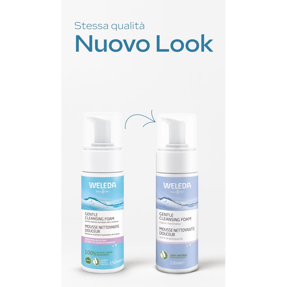 Confronto di due flaconi. Testo: Stessa qualità Nuovo Look. WELEDA Gentle Cleansing Foam.