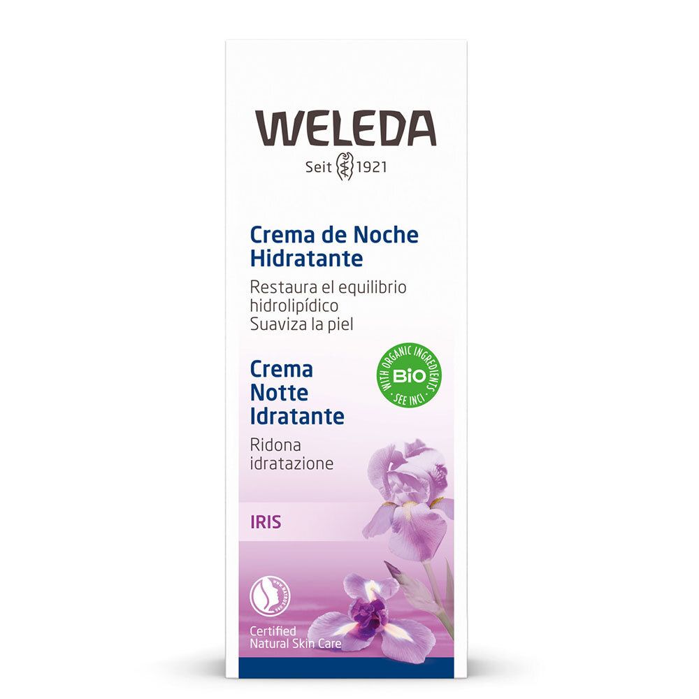Confezione Weleda bianca. Nome del prodotto, illustrazione di iris e sigillo bio. Testo in spagnolo e italiano.
