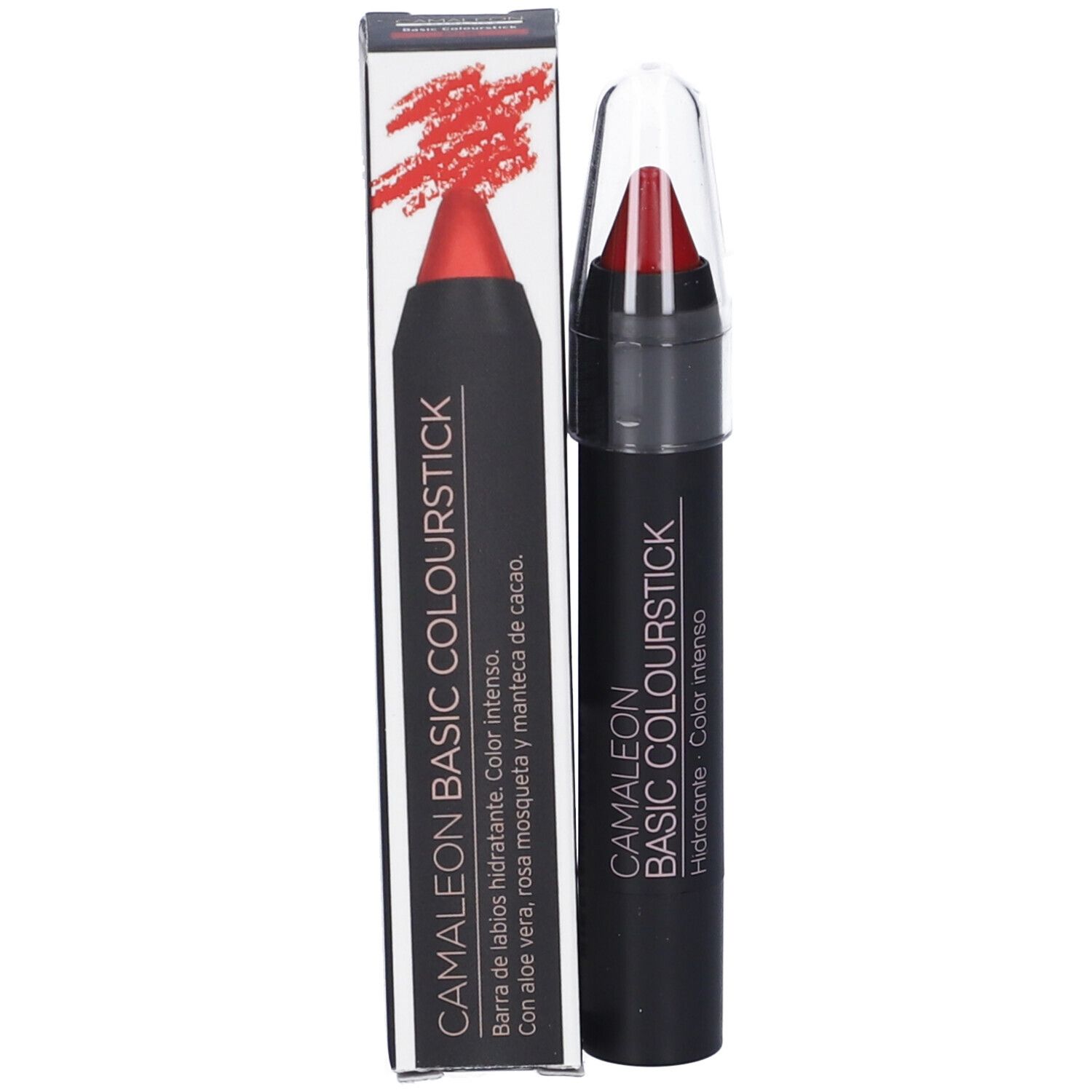 Rossetto rosso in astuccio nero con cappuccio trasparente e confezione. Sulla confezione è scritto "Camaleon Basic Colourstick".