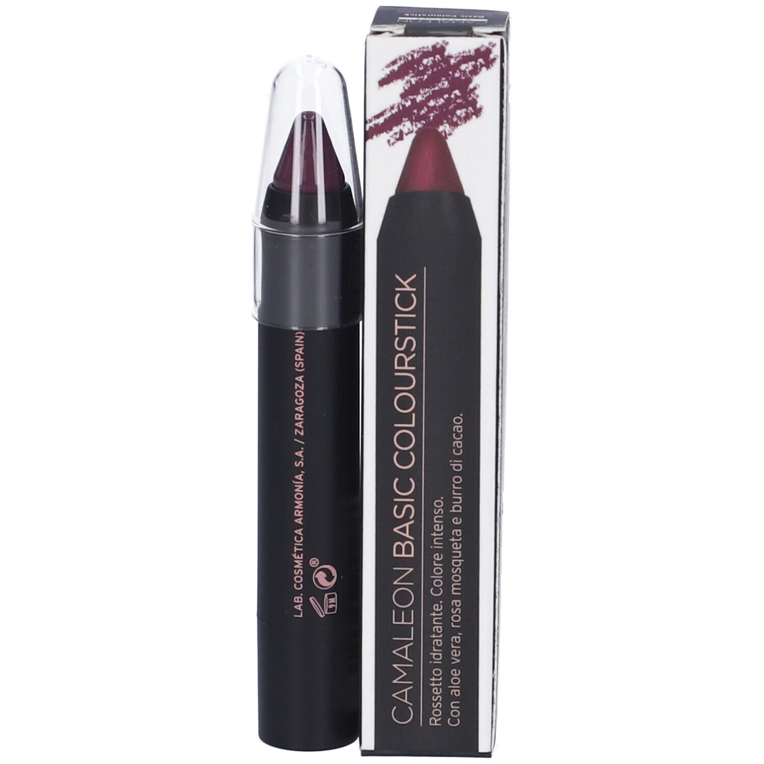 Rossetto e confezione. Scritta: Camaleon Basic Colourstick. Colore: Melanzana. Con cappuccio. Confezione nera con immagine del prodotto.