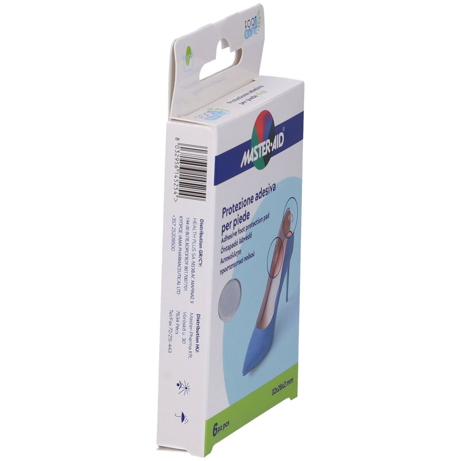 Confezione Master-Aid Footcare. Scritto: Protezione adesiva per piede. Contiene 6 pezzi. Dimensioni: 32x26x2 mm.