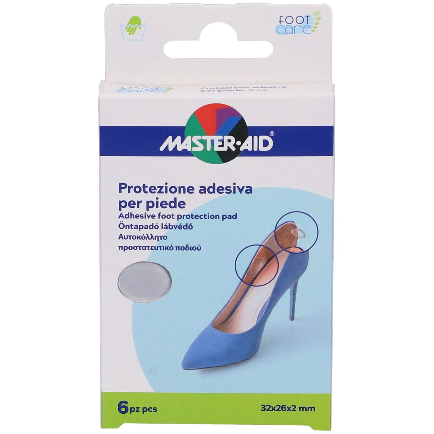 Confezione Master-Aid Footcare. Contiene 6 pezzi. Scritto: Protezione adesiva per piede, 32x26x2 mm.