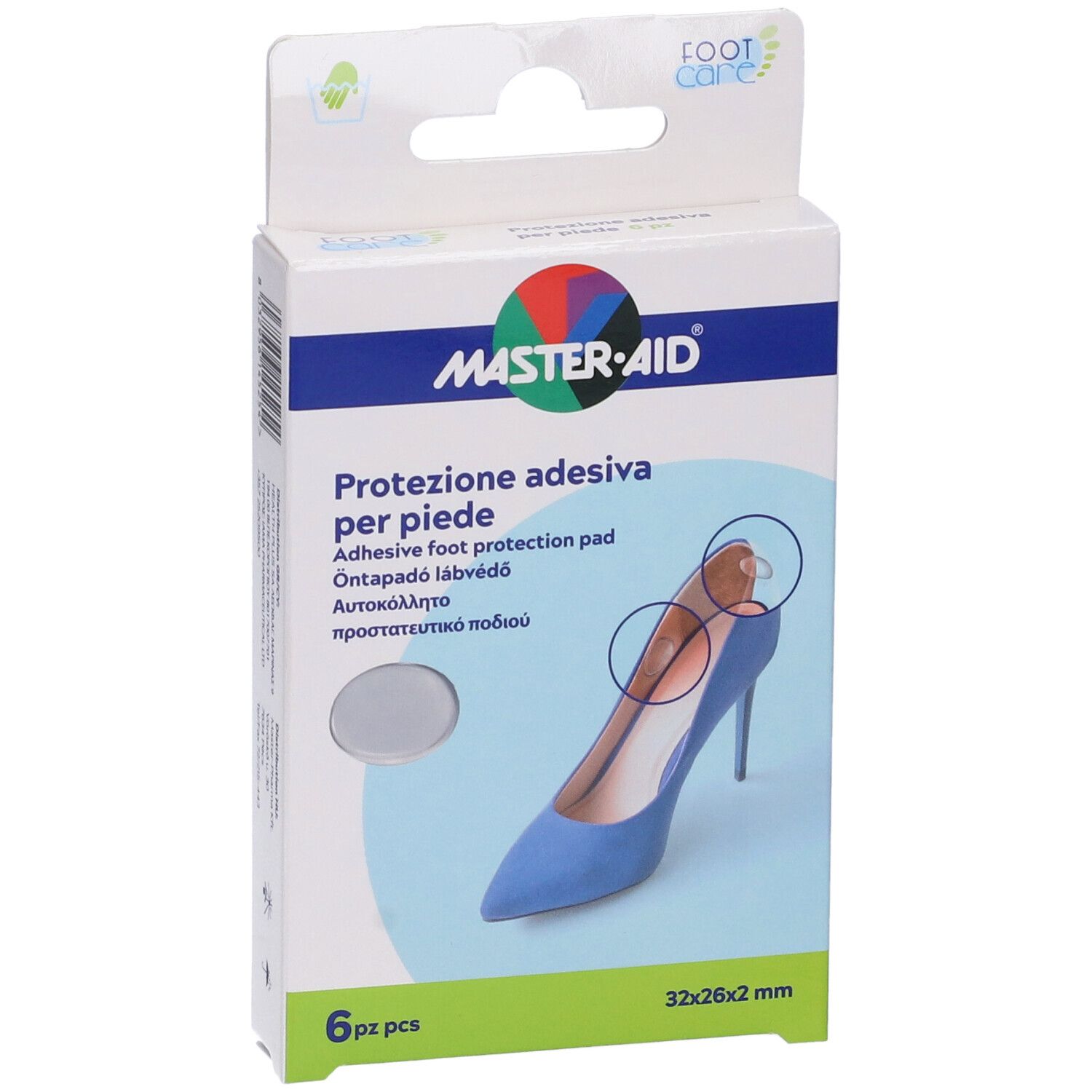 Confezione Master-Aid Footcare. Contiene 6 pezzi. Scritto: Protezione adesiva per piede, 32x26x2 mm.