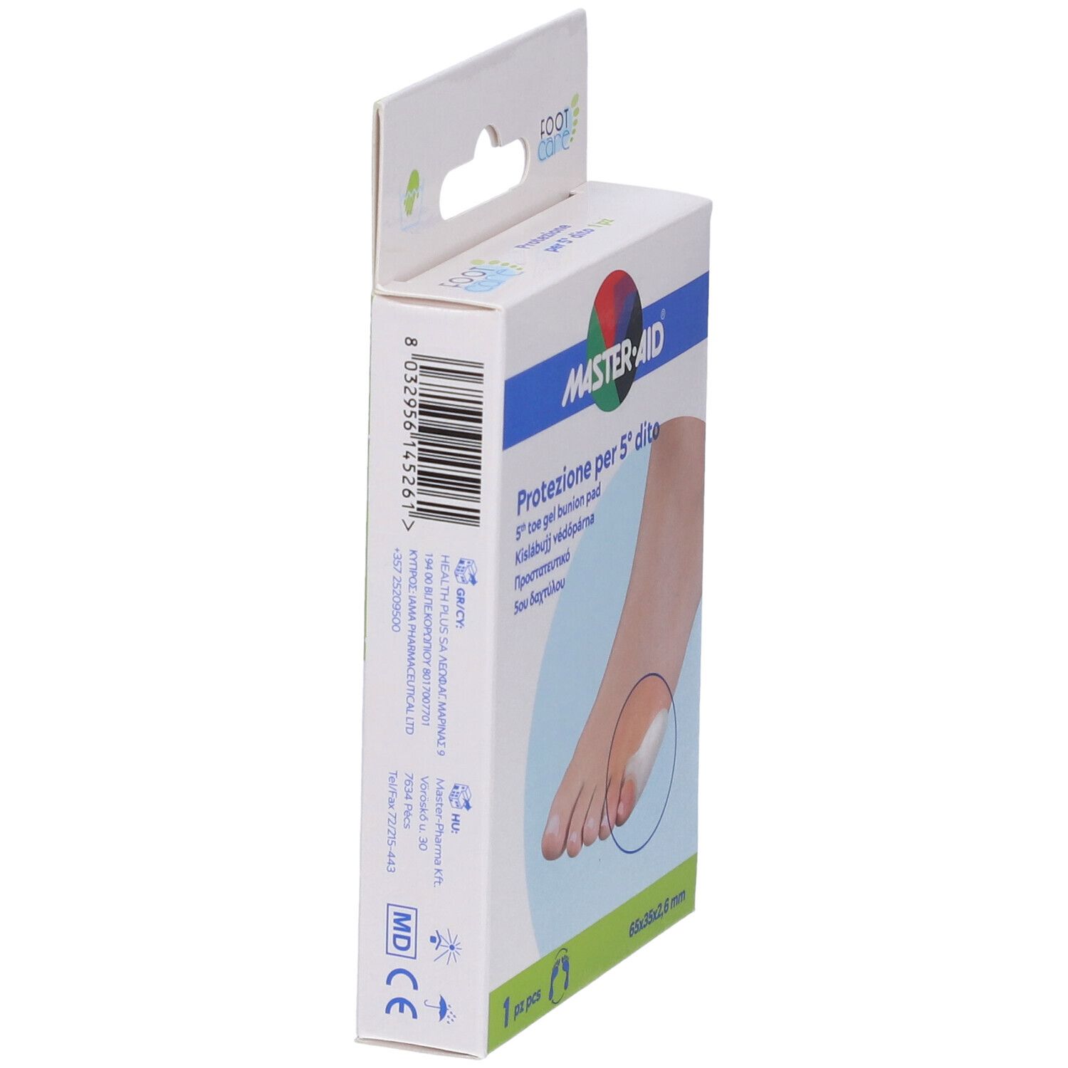 Vista laterale della confezione MASTER-AID Footcare. Prodotto: cuscinetto in gel per 5° dito. Con gancio. 1 pezzo. Marchio CE.