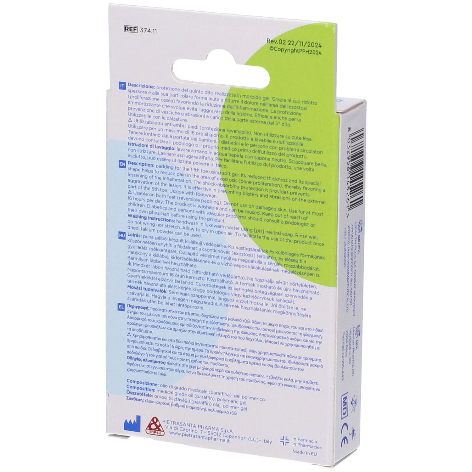 Retro della confezione MASTER-AID Footcare. Testo multilingue. Contiene informazioni sul prodotto e l'uso.