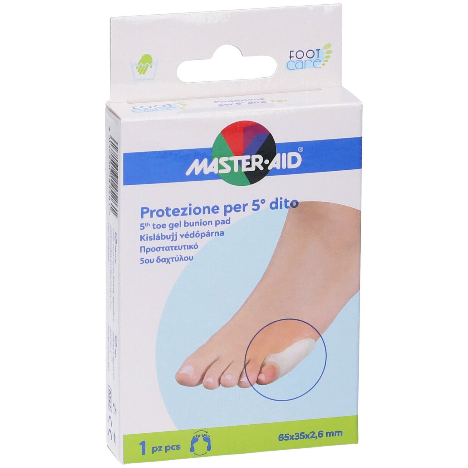 Confezione MASTER-AID Footcare. Prodotto: cuscinetto in gel per 5° dito. Immagine di un piede con cuscinetto. 1 pezzo. Dimensioni: 65x35x2,6 mm.