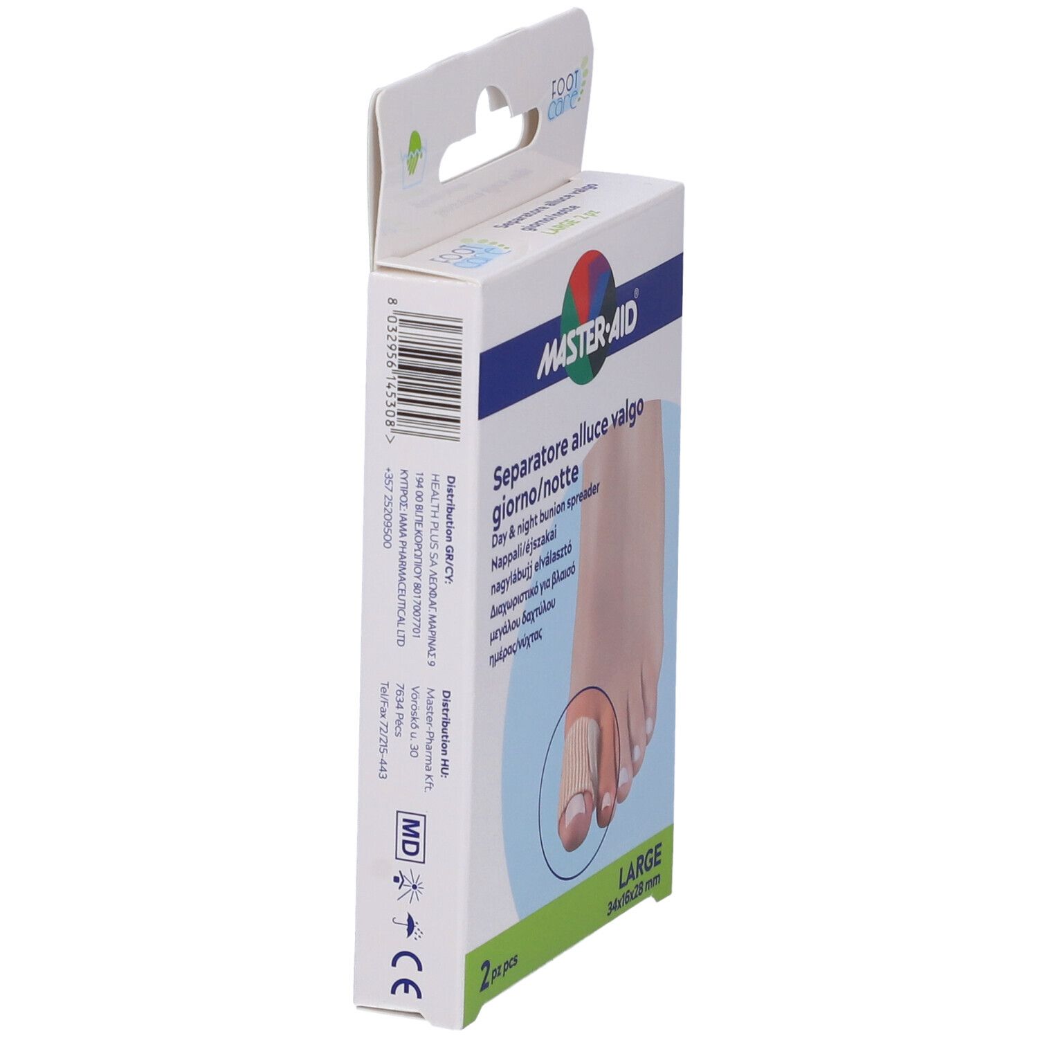 Vista laterale della confezione. Scritta: MASTER-AID, Separatore alluce valgo, LARGE, 34x16x28 mm. 2 pezzi.