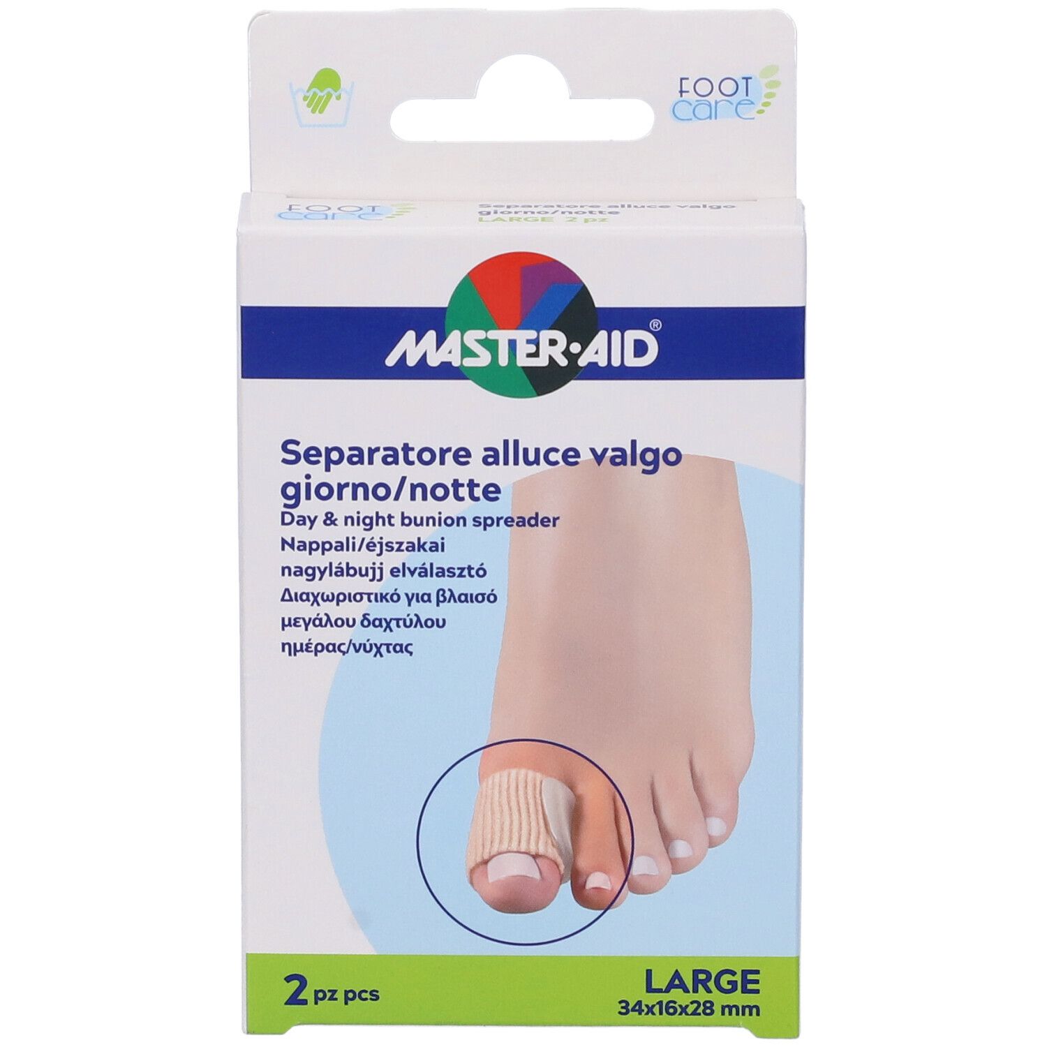 Confezione di 2 separatori per alluce valgo. Scritta: MASTER-AID, Separatore alluce valgo, LARGE, 34x16x28 mm.