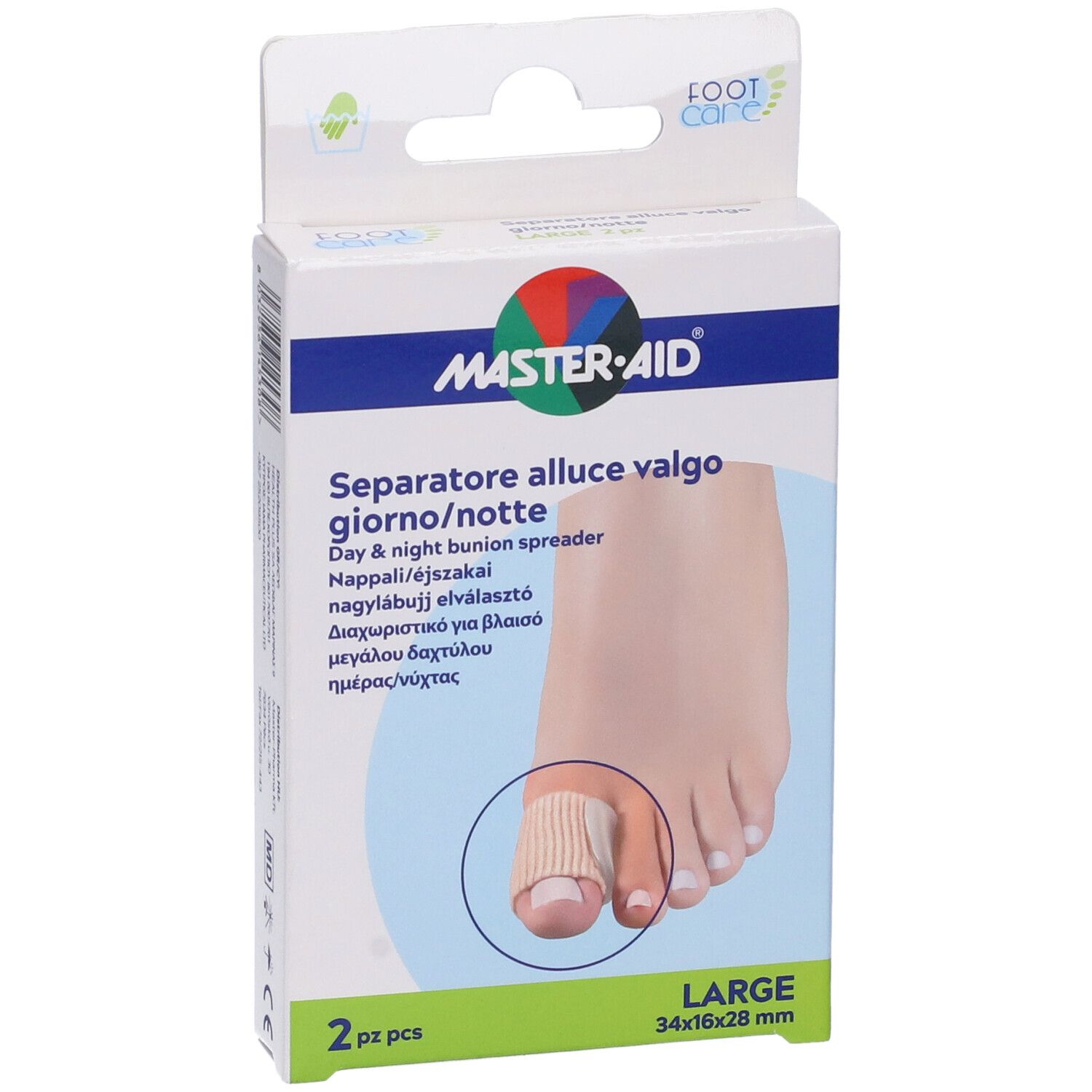 Confezione di 2 separatori per alluce valgo. Scritta: MASTER-AID, Separatore alluce valgo, LARGE, 34x16x28 mm.