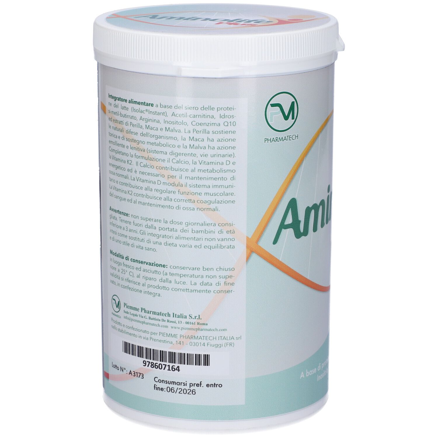 Retro del barattolo. Testo: ingredienti, avvertenze, data di scadenza. Logo: Pharmatech. Stampa: 978607164. Scadenza: 06/2026.