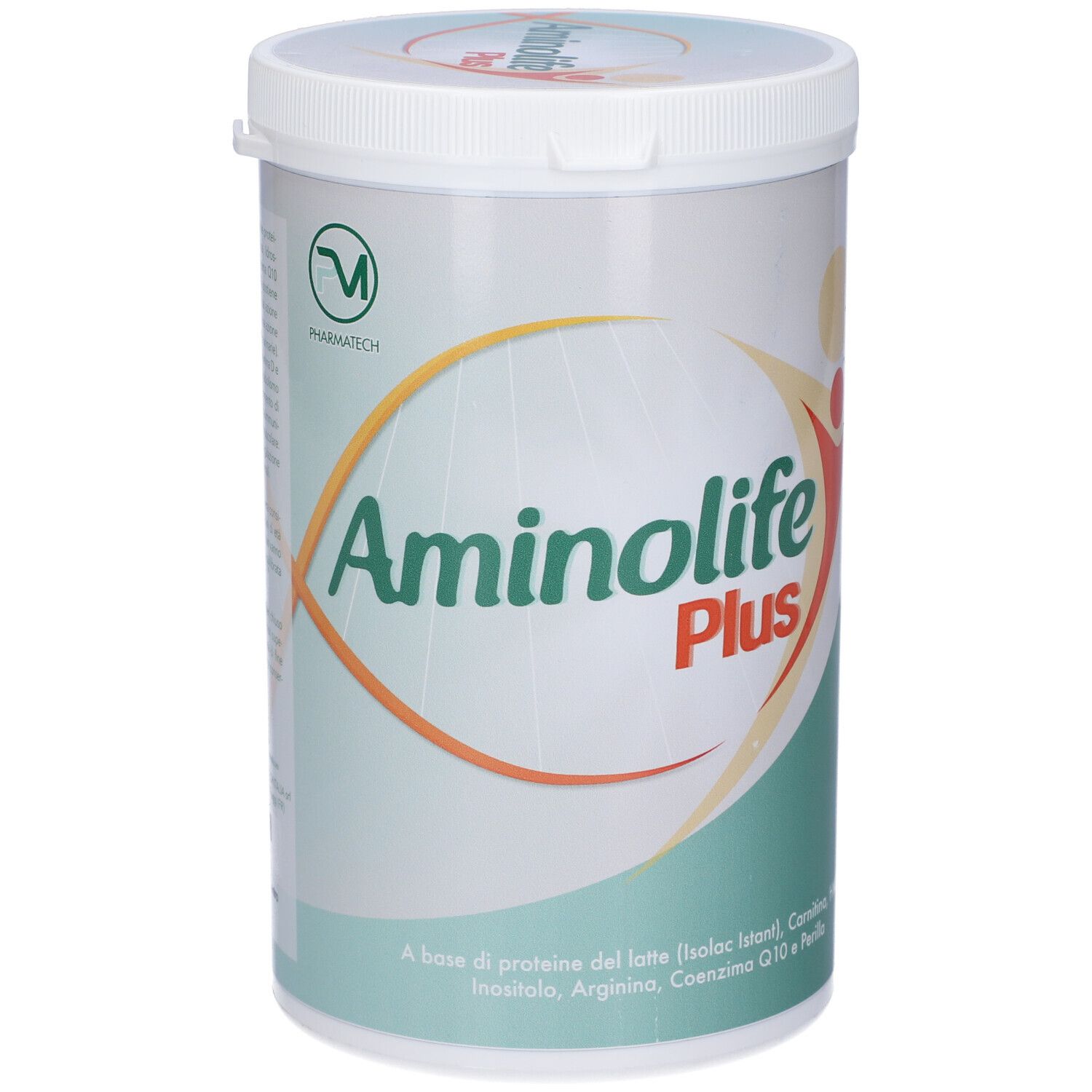 Barattolo cilindrico con coperchio bianco. Scritta: Aminolife Plus. Logo: persona con le braccia alzate. Sfondo verde e bianco.