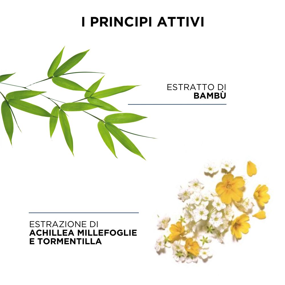 Due illustrazioni: foglie di bambù e fiori. Testo: Estratto di Bambù, Estrazione di Achillea Millefoglie e Tormentilla.