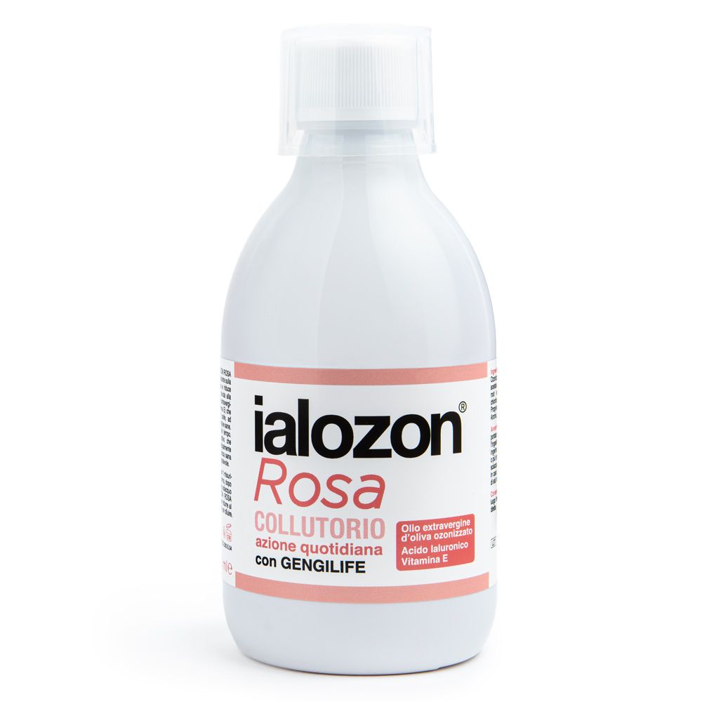 Flacone bianco di collutorio Ialozon Rosa. Contiene olio d'oliva, acido ialuronico e vitamina E.
