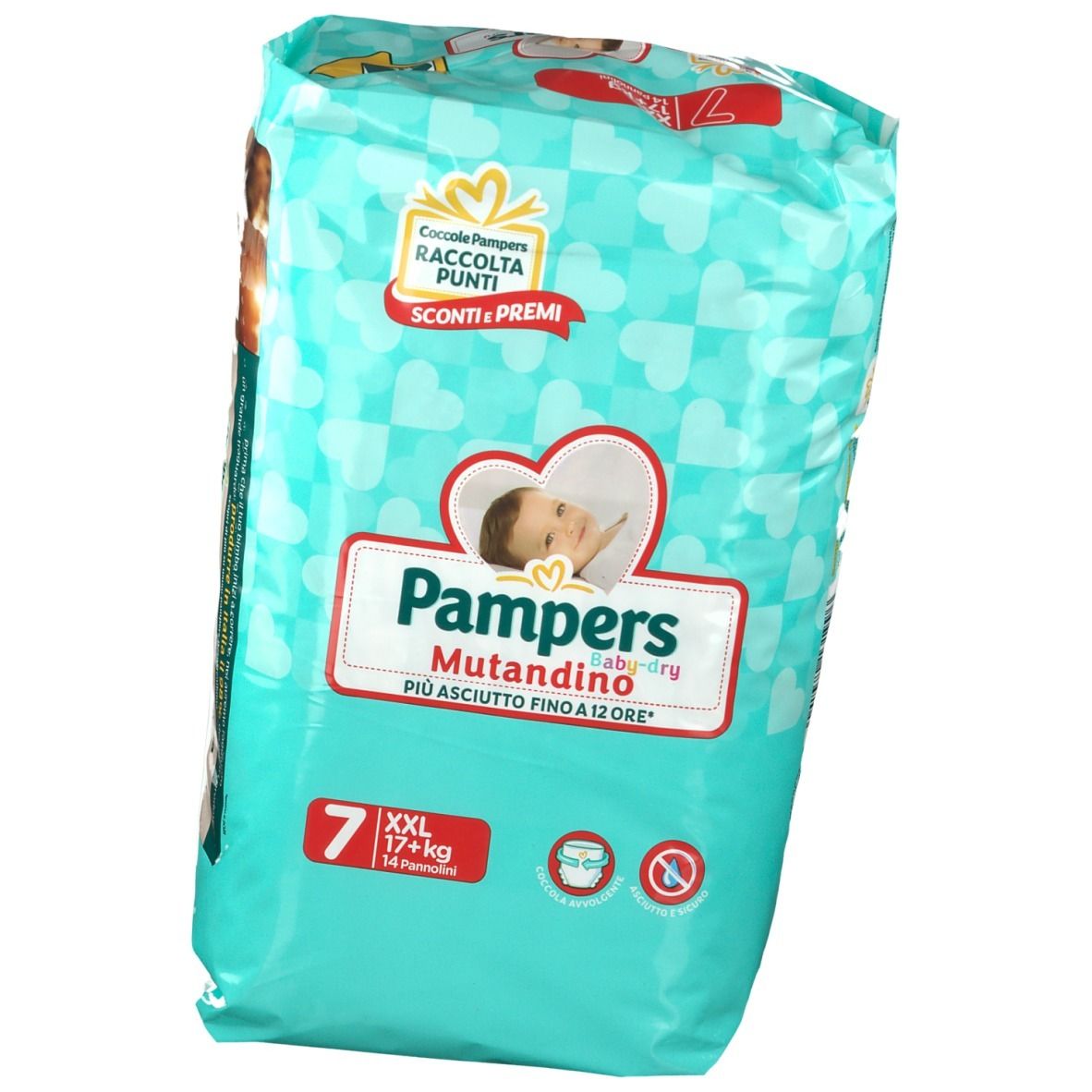 Confezione Pampers Baby Dry Mutandino 7 XXL. Confezione turchese con cuori. Contiene 14 pannolini. Marchio e nome del prodotto ben visibili.