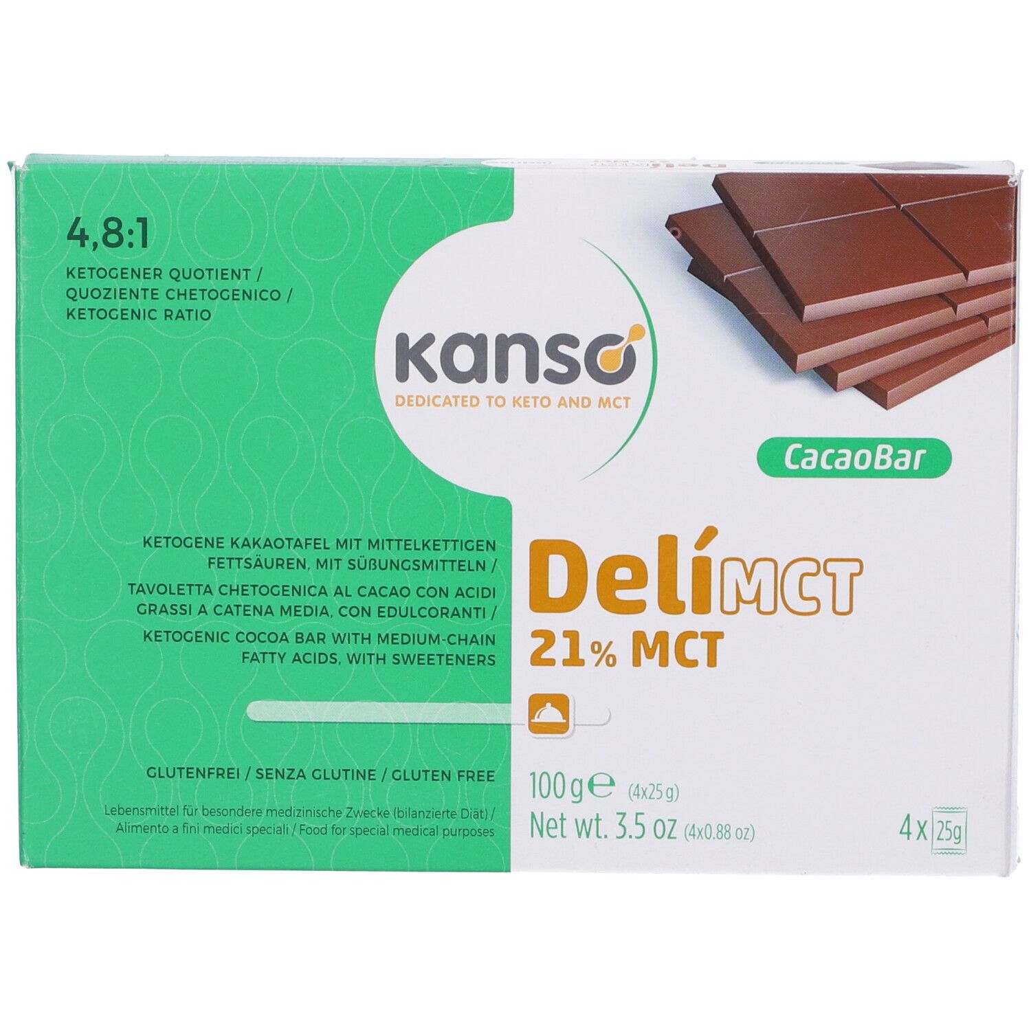 Confezione Kanso DeliMCT Cacao Bar. Scatola verde e bianca con nome del prodotto e pezzi di cioccolato. 4 x 25g.