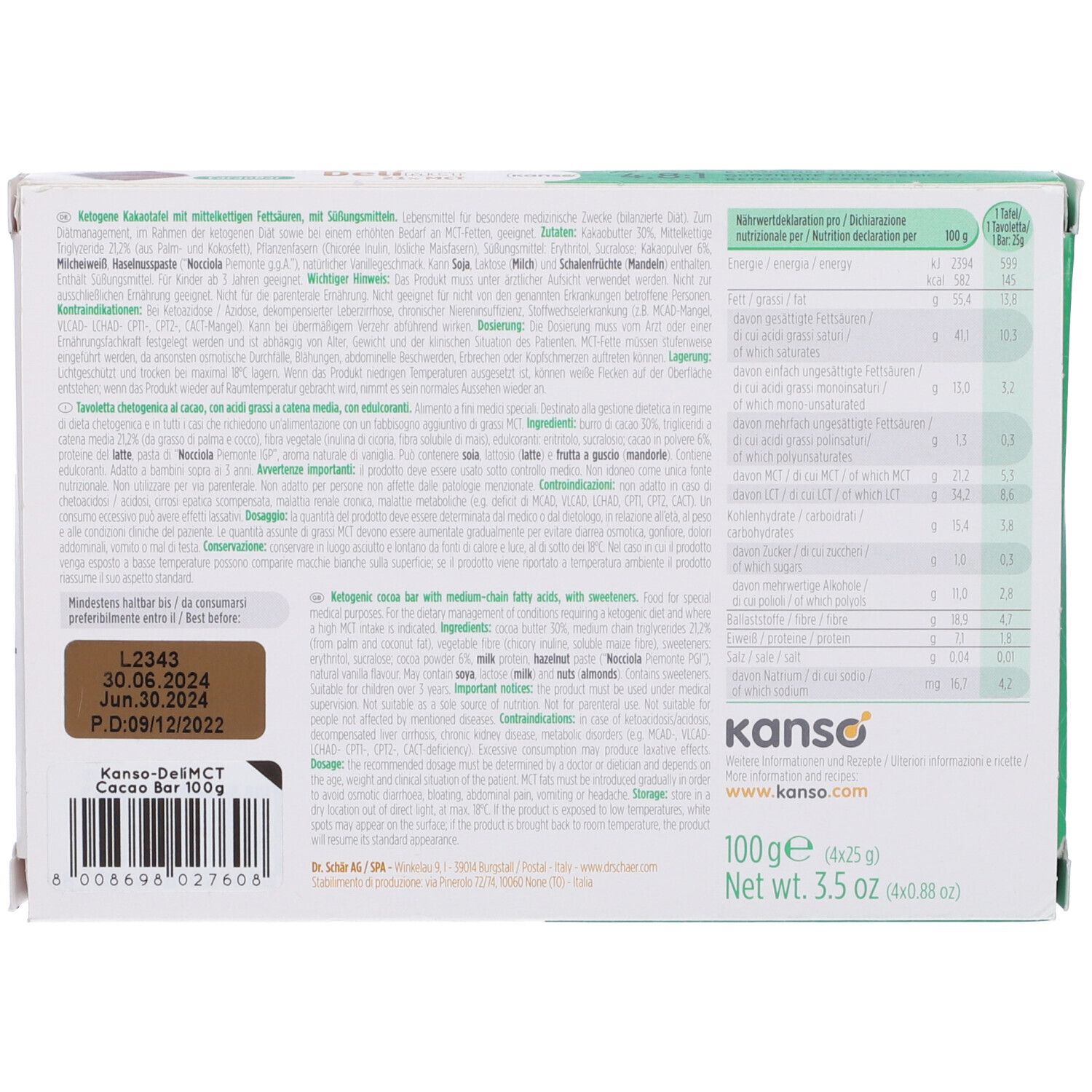 Retro della confezione Kanso DeliMCT Cacao Bar. Contiene informazioni nutrizionali e lista ingredienti. 100g (4x25g).