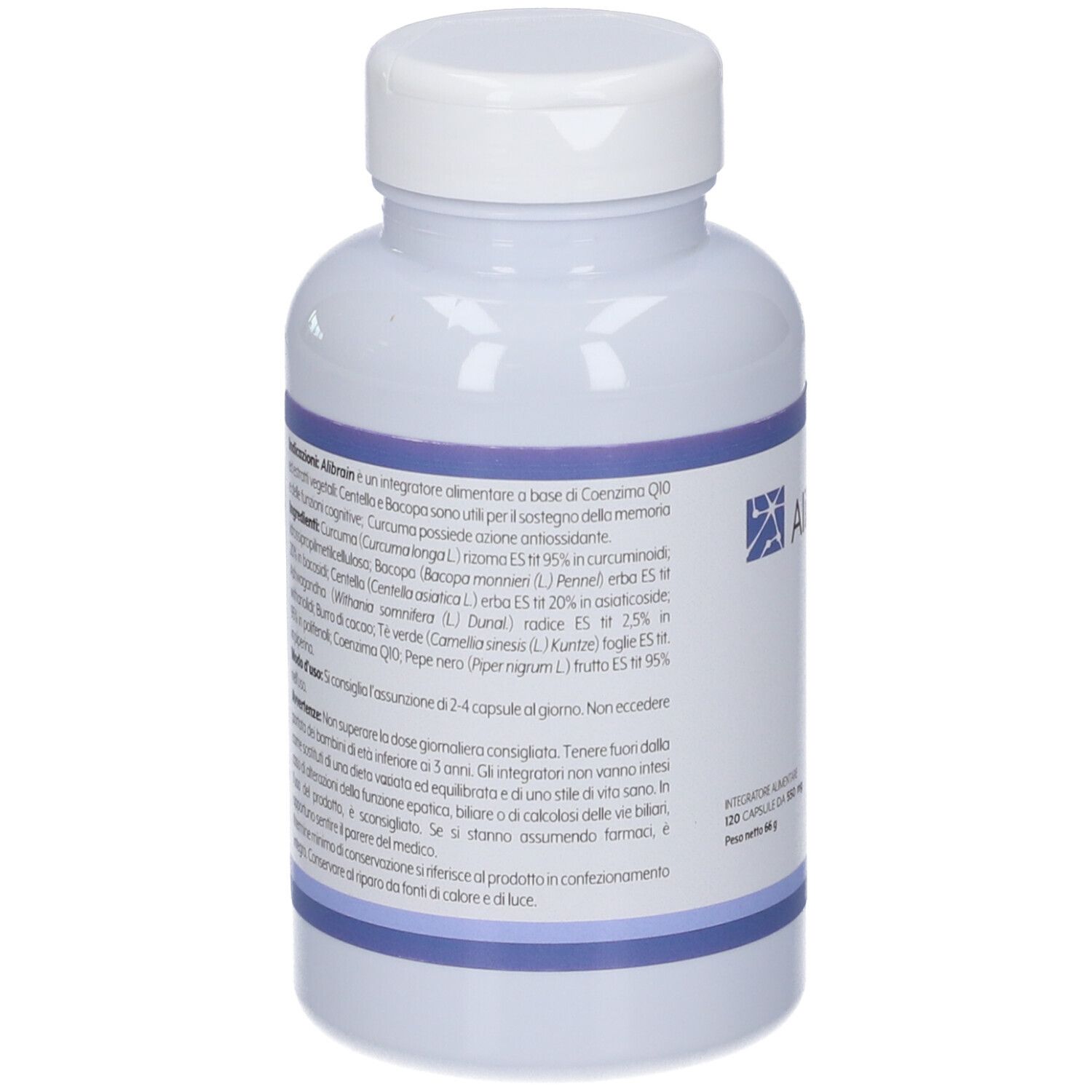 Retro del flacone bianco. Informazioni testuali sul prodotto sull'etichetta.