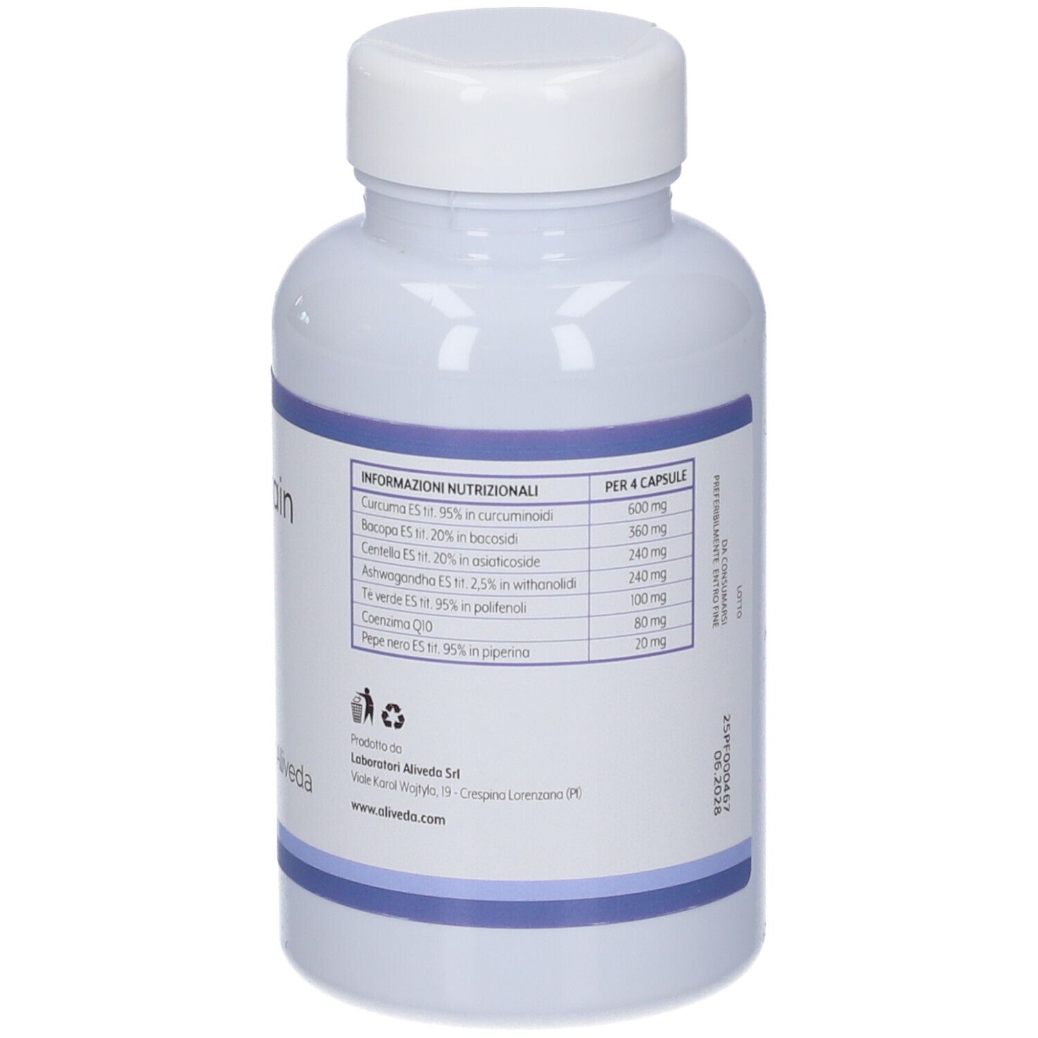 Retro del flacone bianco. Informazioni nutrizionali sull'etichetta.