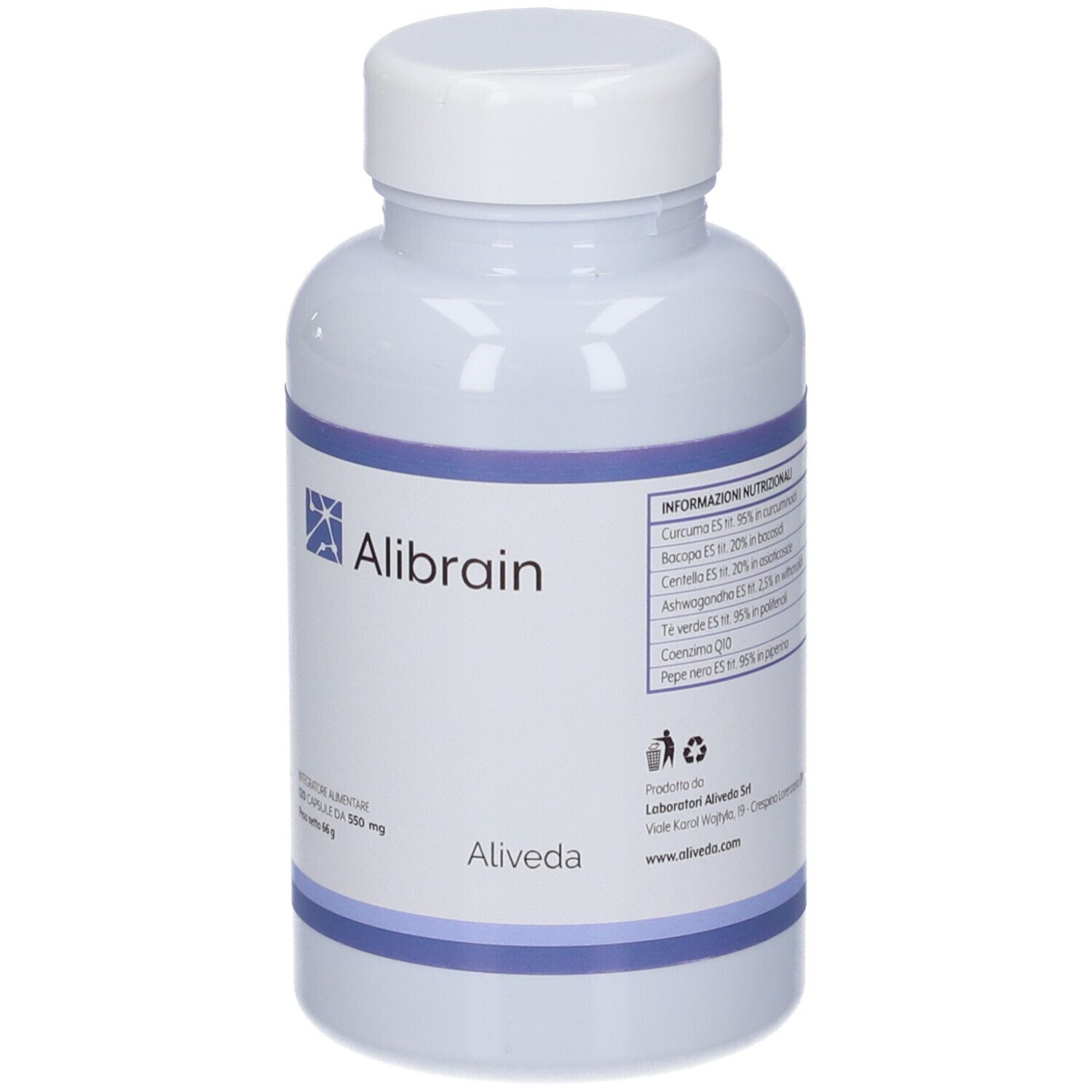 Flacone bianco con tappo bianco. Scritta Alibrain e logo. Etichetta con informazioni sul prodotto.