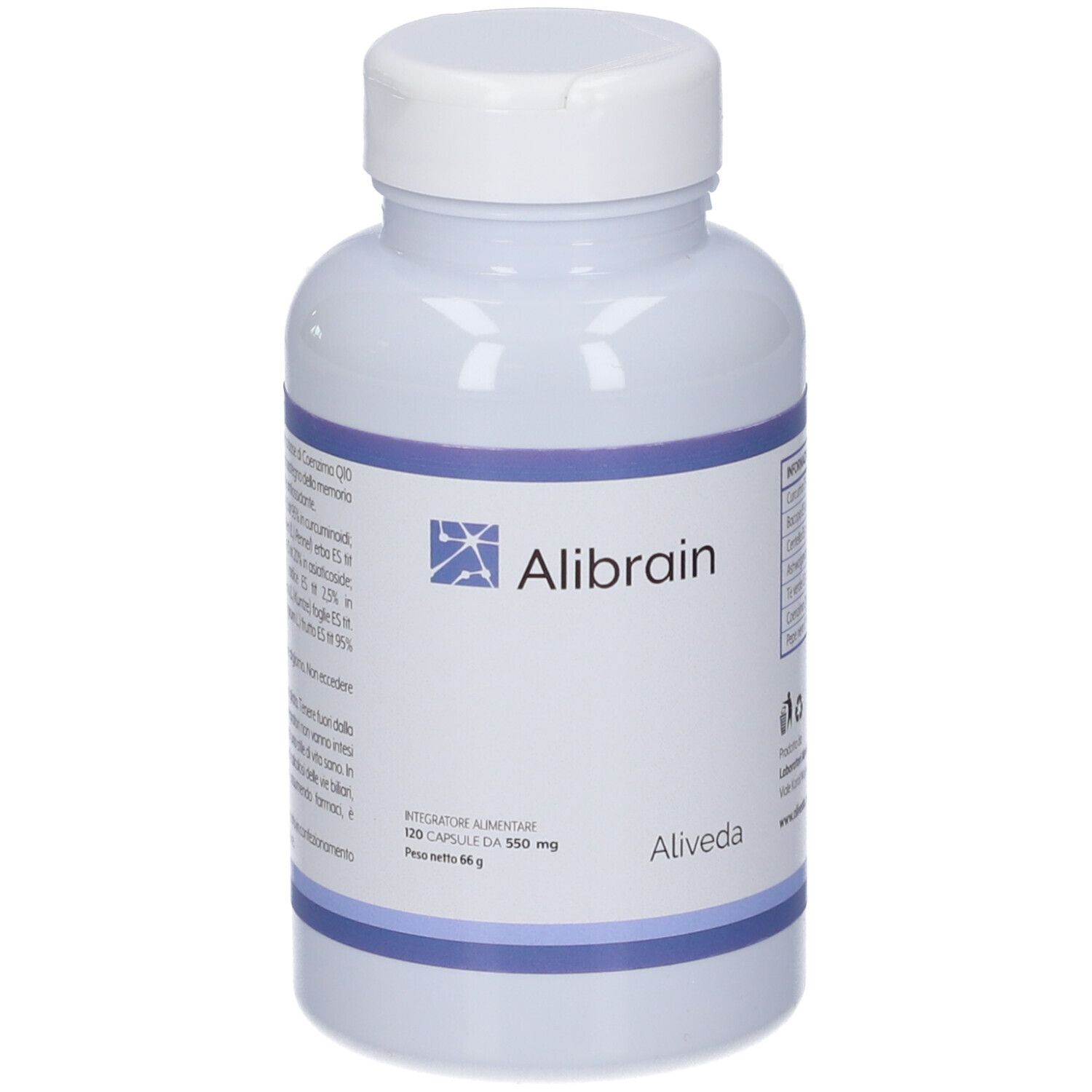 Flacone bianco con fascia blu. Scritta Alibrain e logo. Etichetta con informazioni sul prodotto.