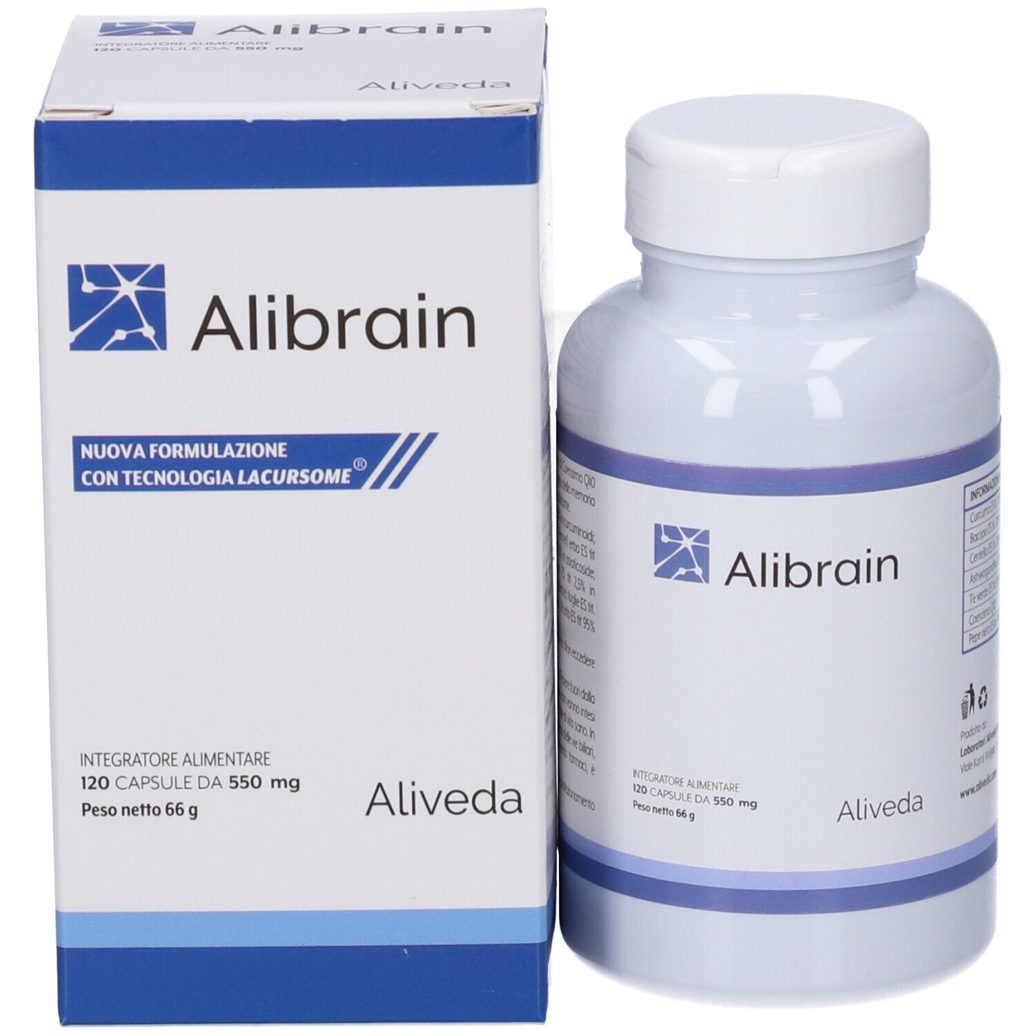 Confezione e flacone del prodotto. Scritta Alibrain e logo. 120 capsule.