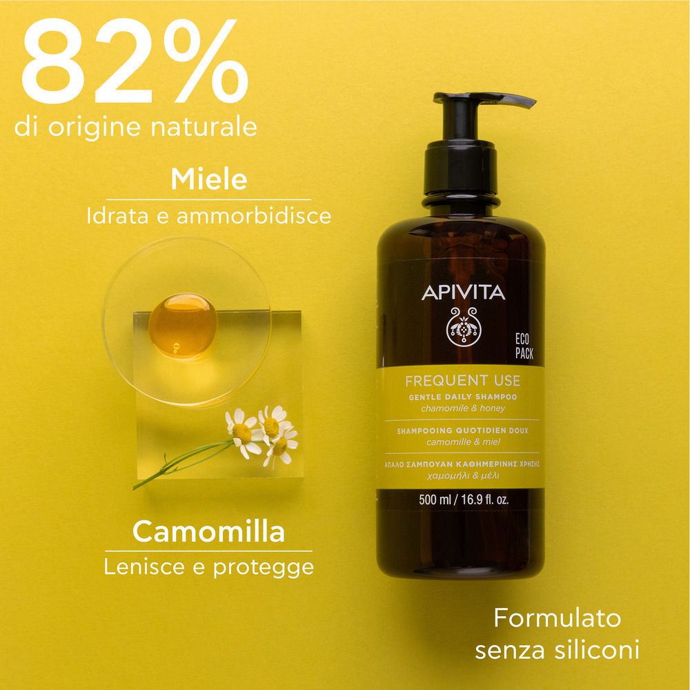 Flacone marrone con dosatore nero. Etichetta gialla. Camomilla e miele. 82% origine naturale.