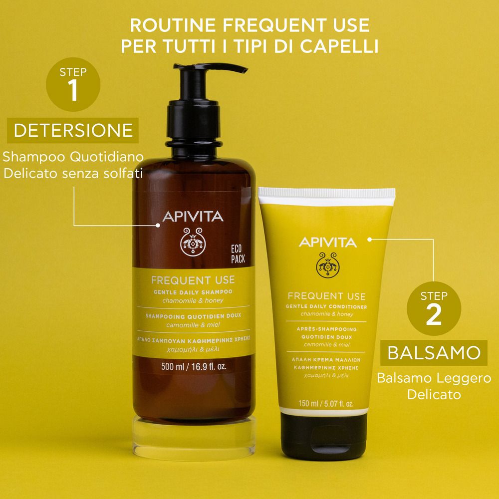Flacone shampoo marrone e tubo balsamo giallo. Shampoo uso frequente. Balsamo per tutti i tipi di capelli.