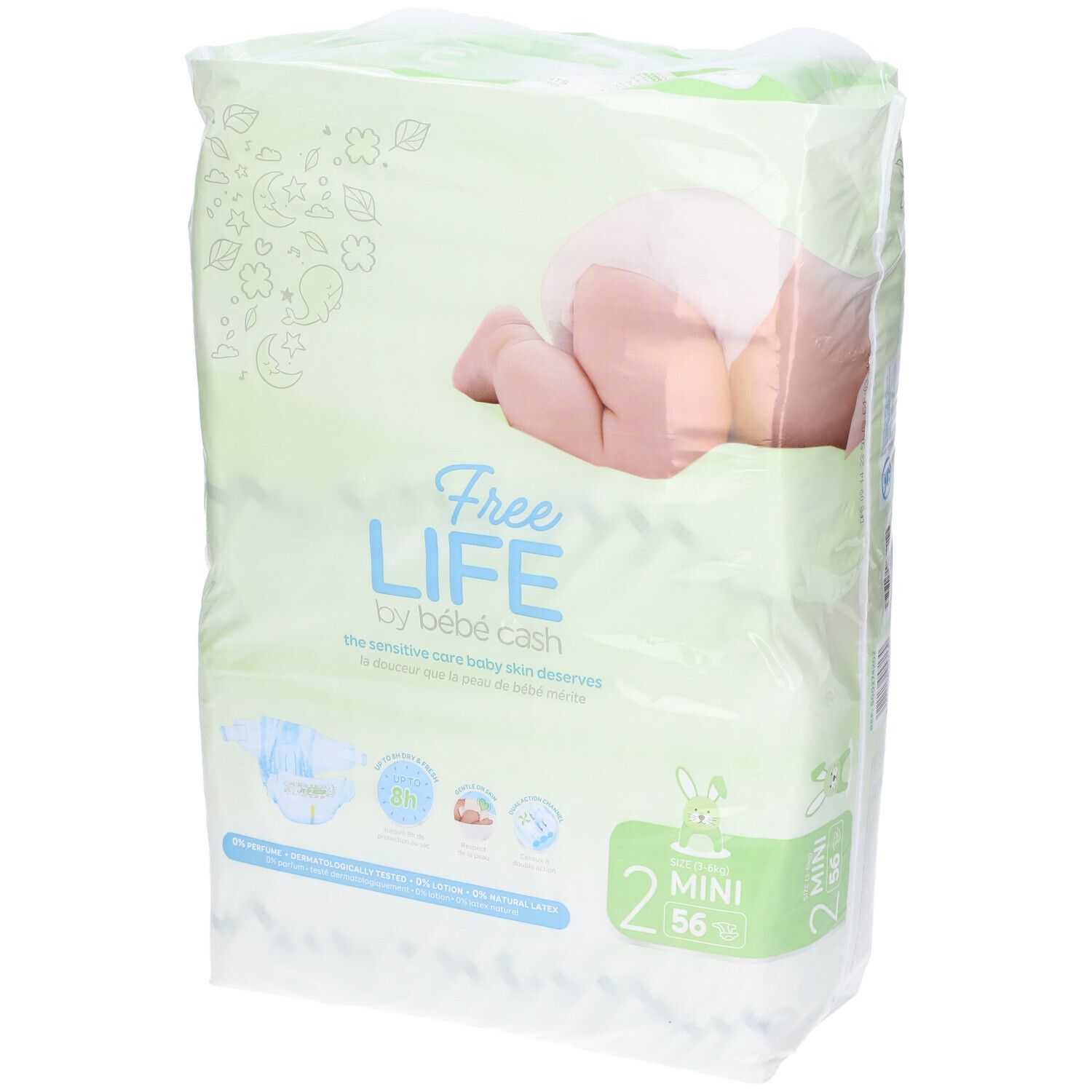 Freelife By Bebecash Pannolino Mini Taglia 2 3-6 Kg Girovita 30-48 Cm 56 Pezzi