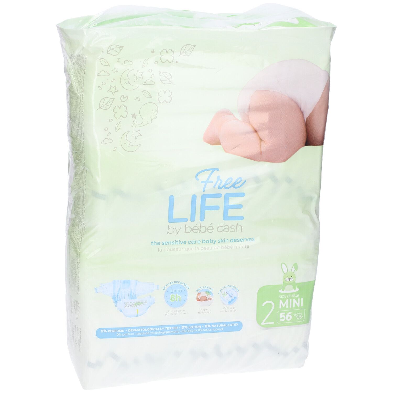 Freelife By Bebecash Pannolino Mini Taglia 2 3-6 Kg Girovita 30-48 Cm 56 Pezzi