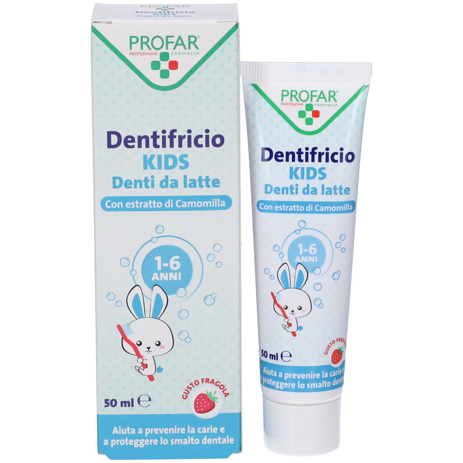 Tubo e scatola di dentifricio. Design blu e verde. Testo: KIDS, 1-6 ANNI, gusto fragola.