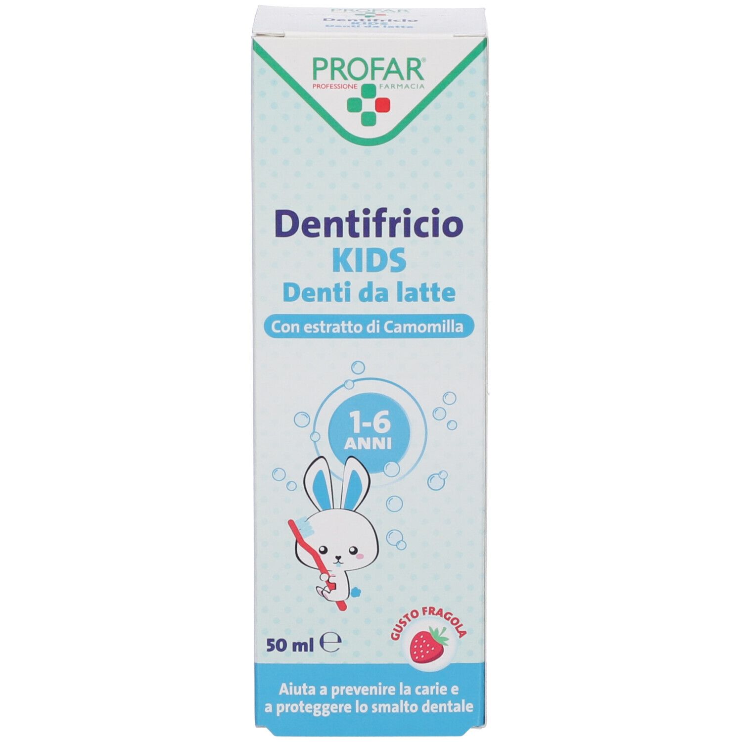 Scatola di dentifricio. Design blu e verde. Testo: KIDS, 1-6 ANNI, gusto fragola.