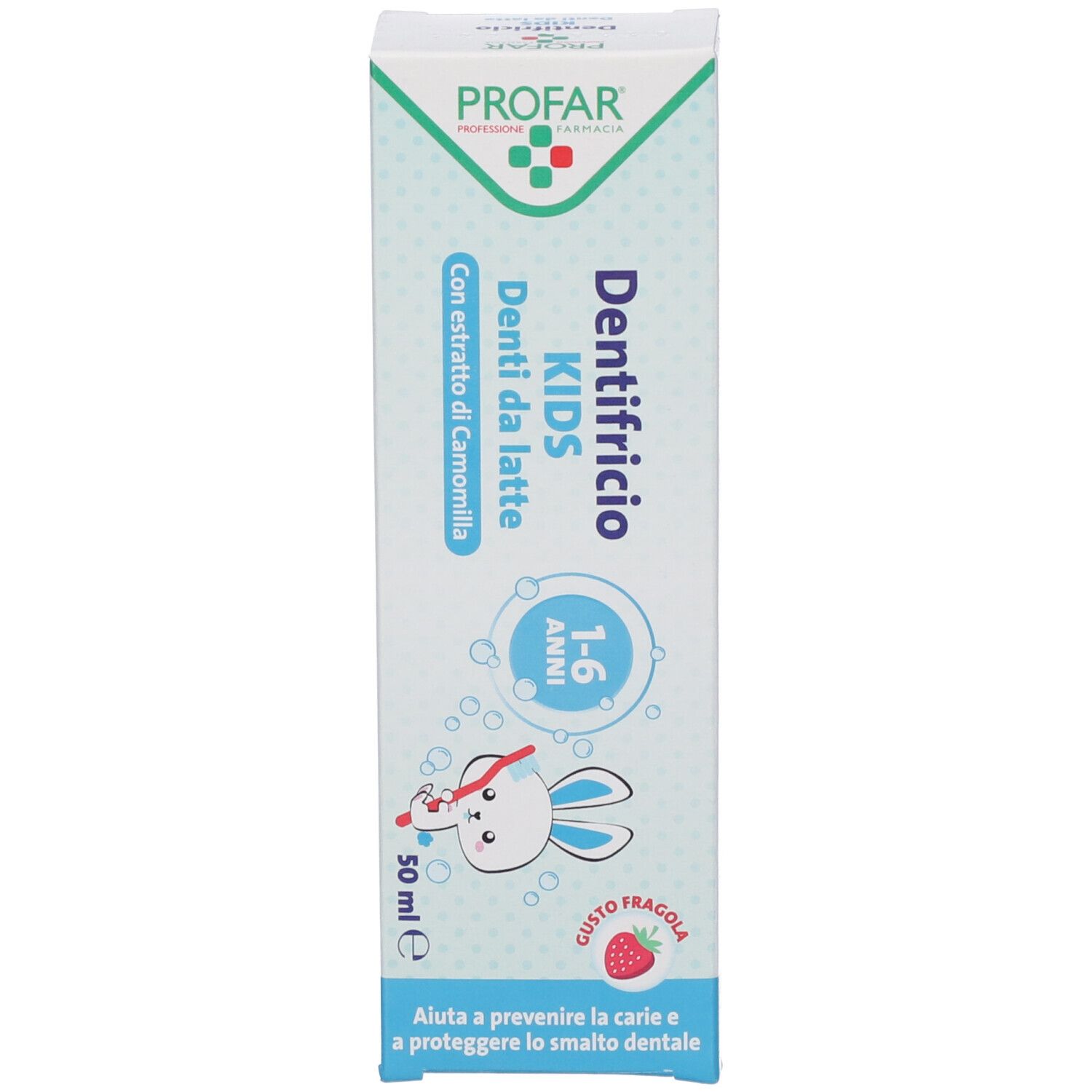 Scatola di dentifricio. Design blu e verde. Testo: KIDS, 1-6 ANNI, gusto fragola.