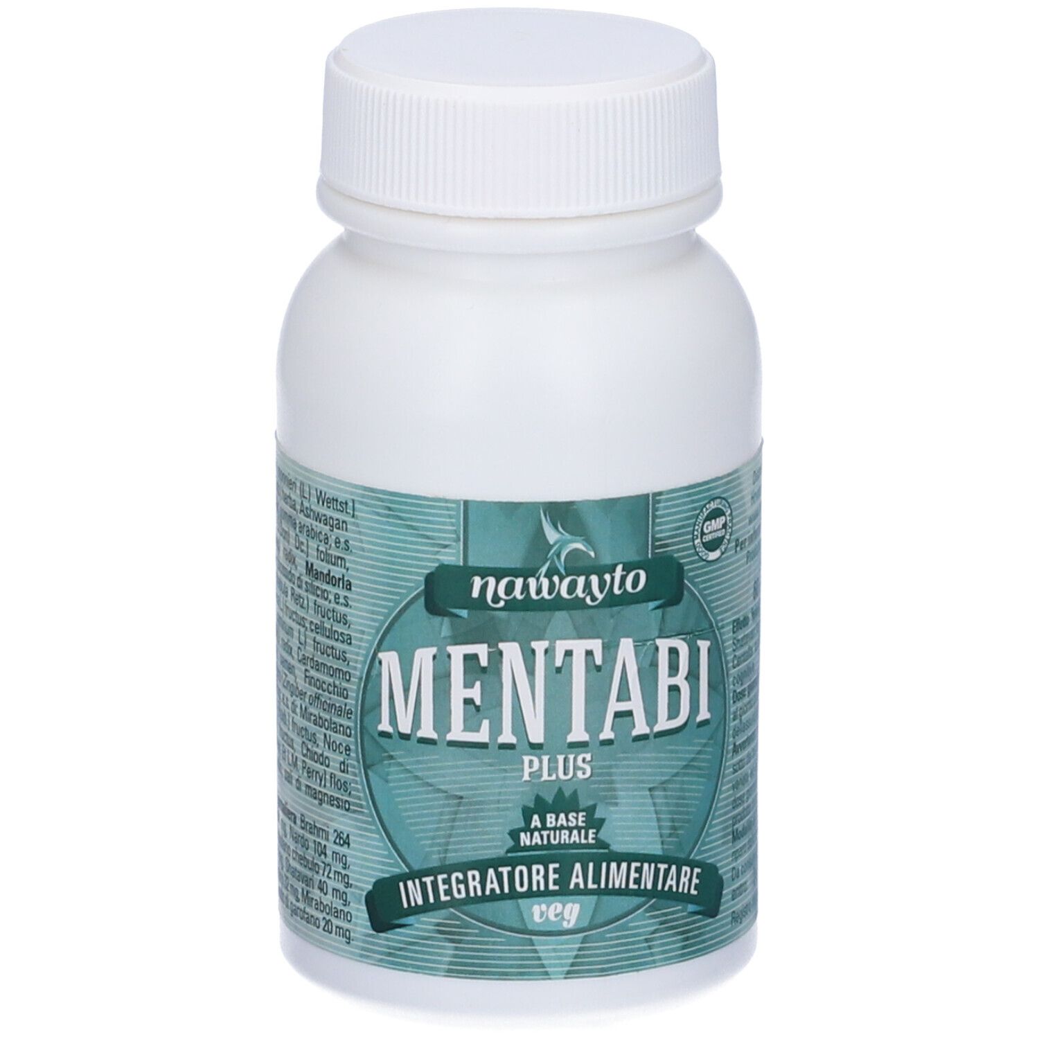 Flacone bianco con etichetta verde. L'etichetta riporta "Mentabi Plus" e "Integratore Alimentare".