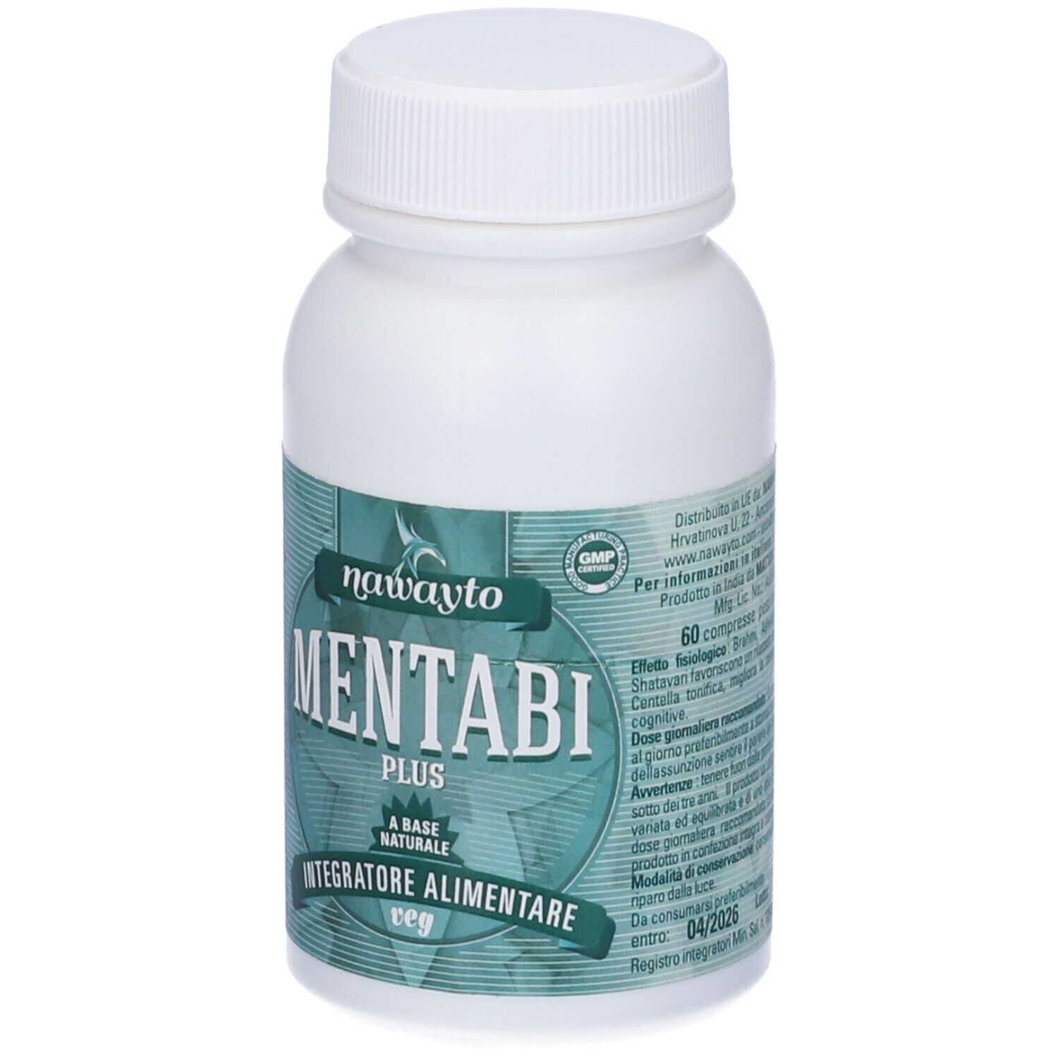 Flacone bianco con etichetta verde. "Mentabi Plus", "60 compresse" e logo GMP.