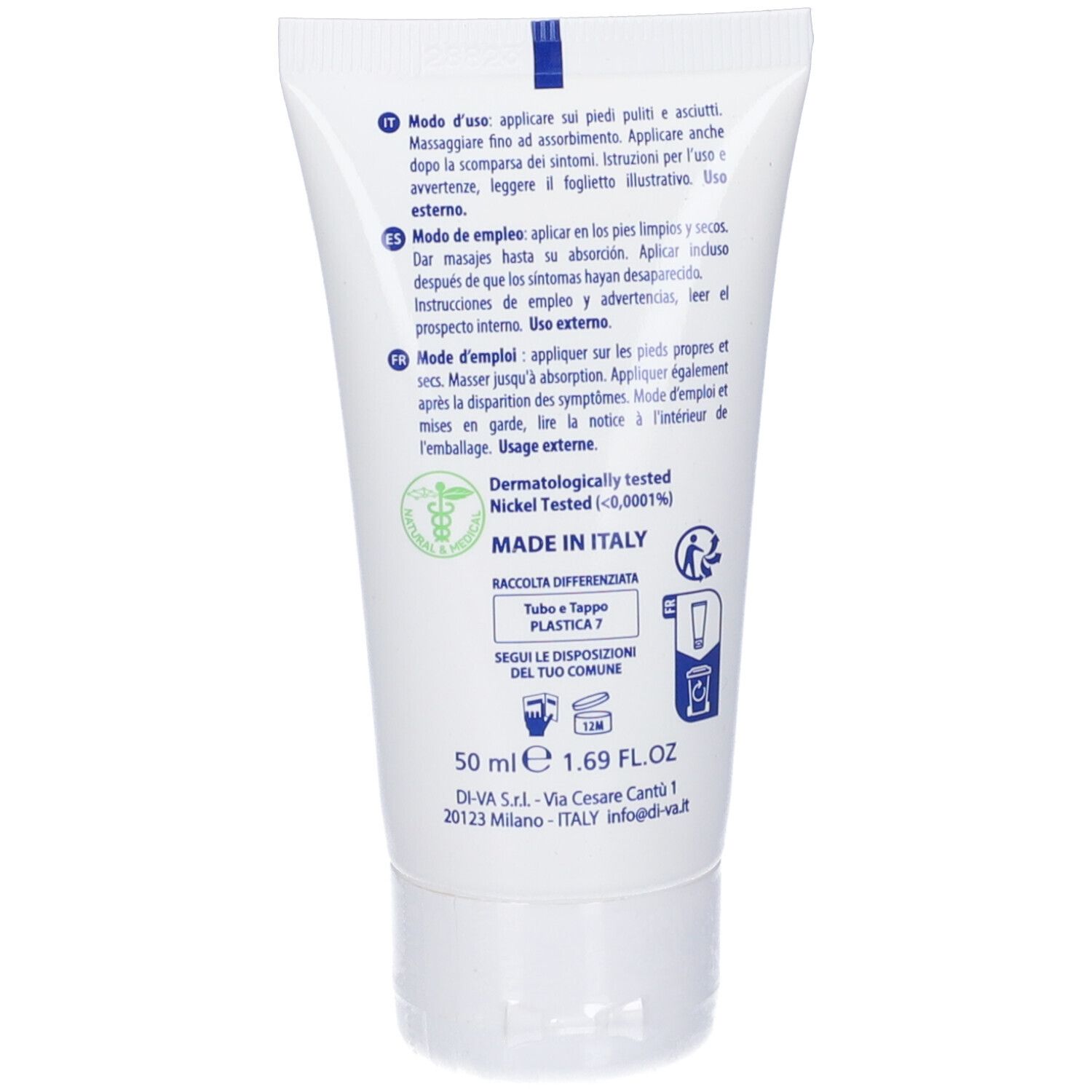 Retro di un tubo bianco. Testo multilingue. Scritta: Dermatologicamente testato, Made in Italy.