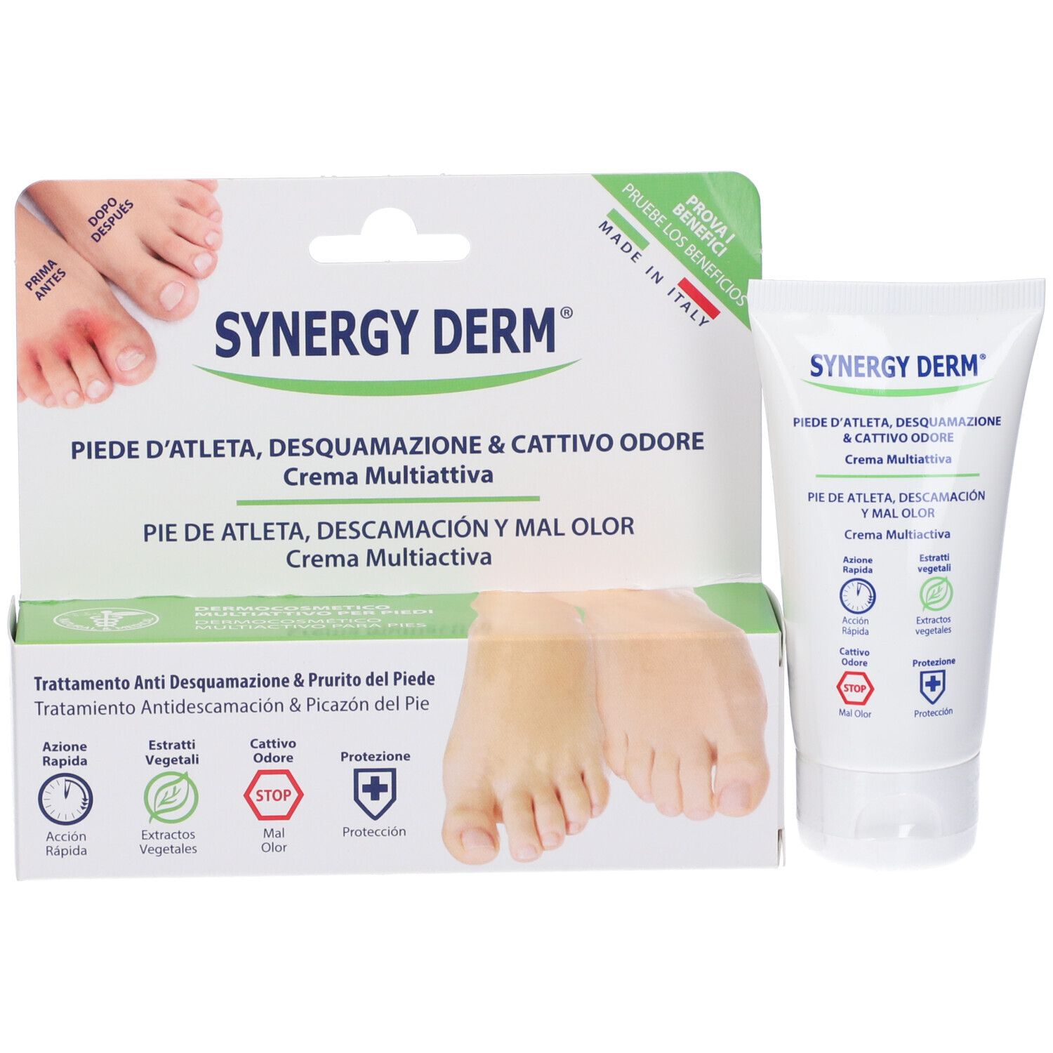 Confezione del prodotto con tubo e scatola. Scritta: Synergy Derm, Crema Multiattiva. Immagine di piedi.