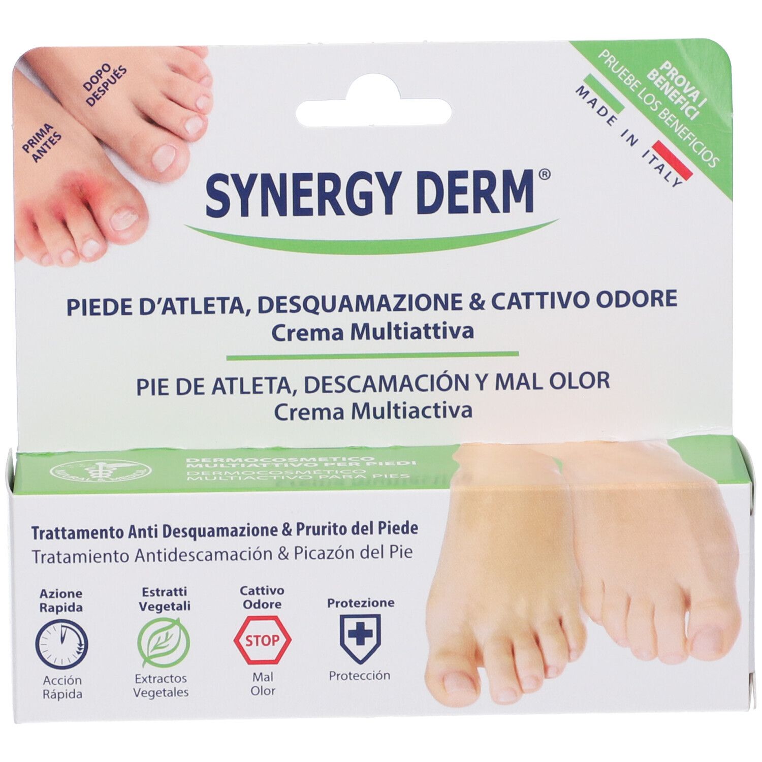 Confezione del prodotto con scatola. Scritta: Synergy Derm, Crema Multiattiva. Immagine di piedi.