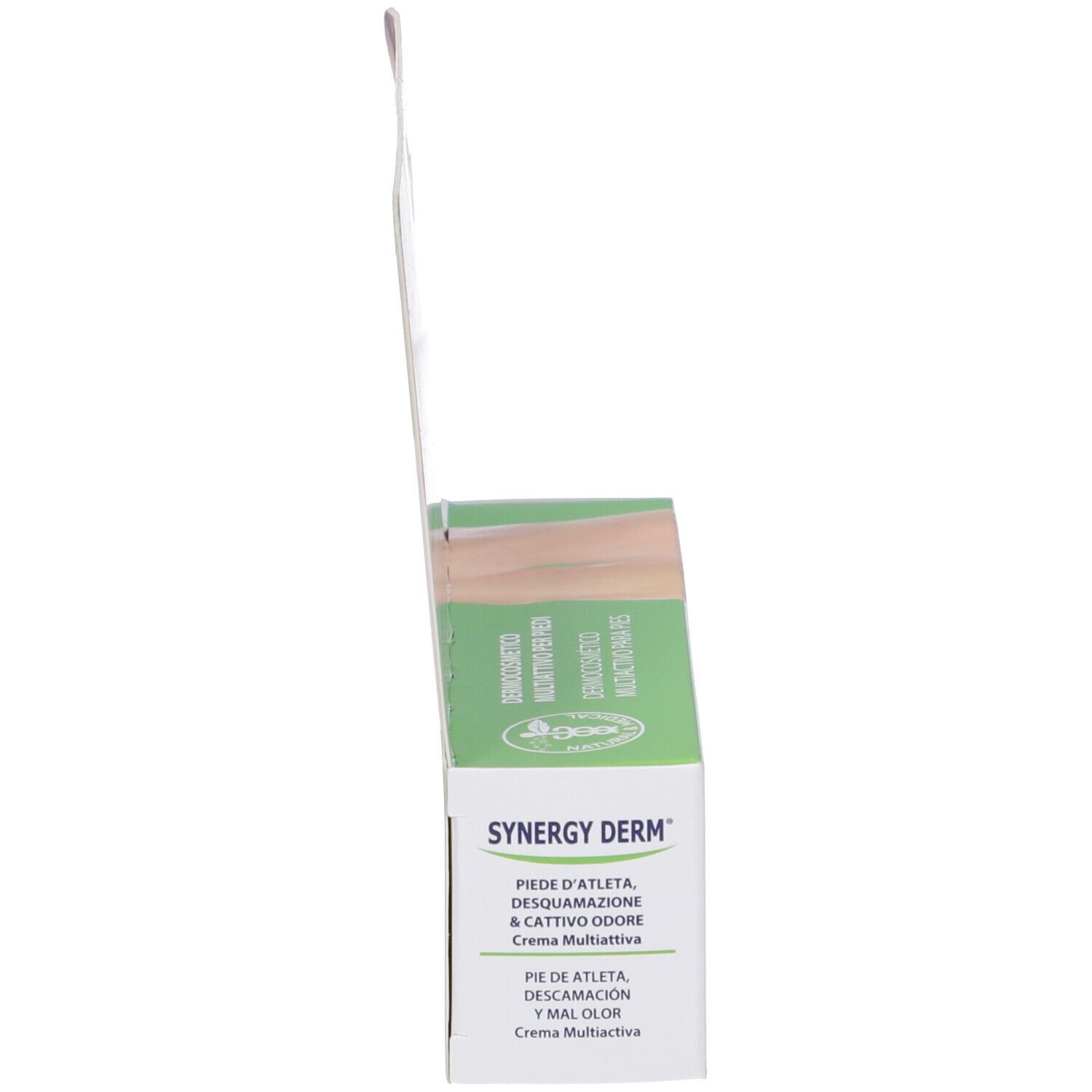 Vista laterale della confezione del prodotto. Scritta: Synergy Derm, Crema Multiattiva. Elementi verdi e bianchi.