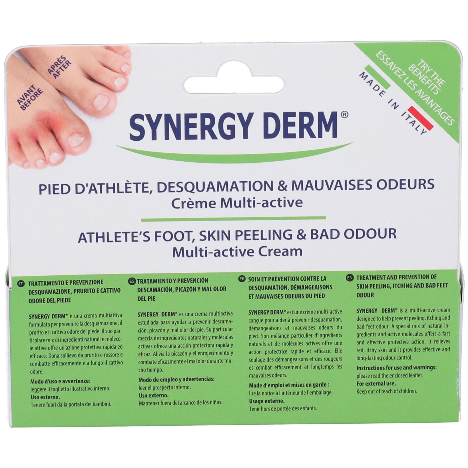 Retro della confezione del prodotto. Testo multilingue. Scritta: Synergy Derm, Crema Multi-active.