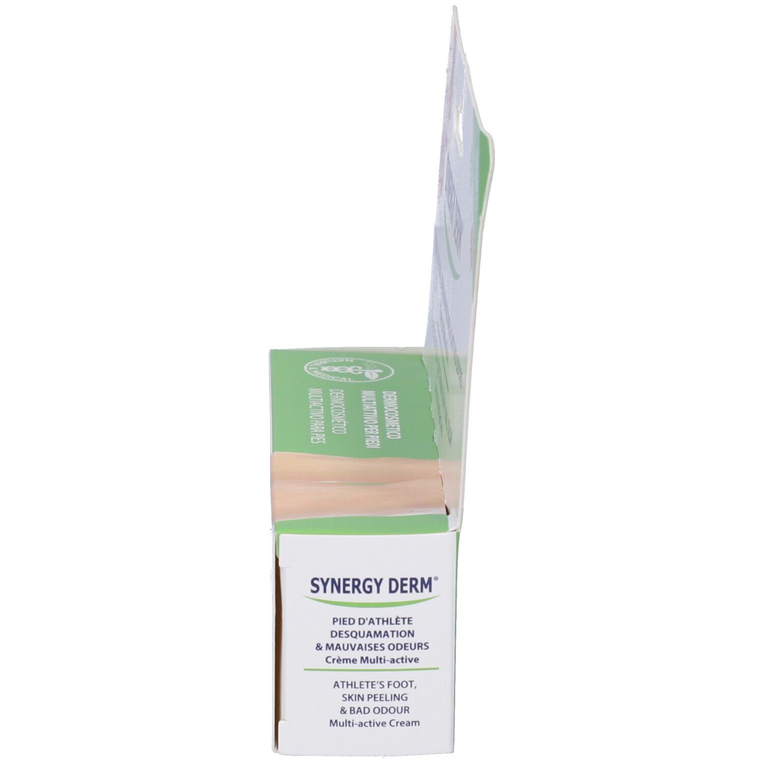 Vista laterale della confezione del prodotto. Scritta: Synergy Derm, Crema Multi-active. Elementi verdi e bianchi.