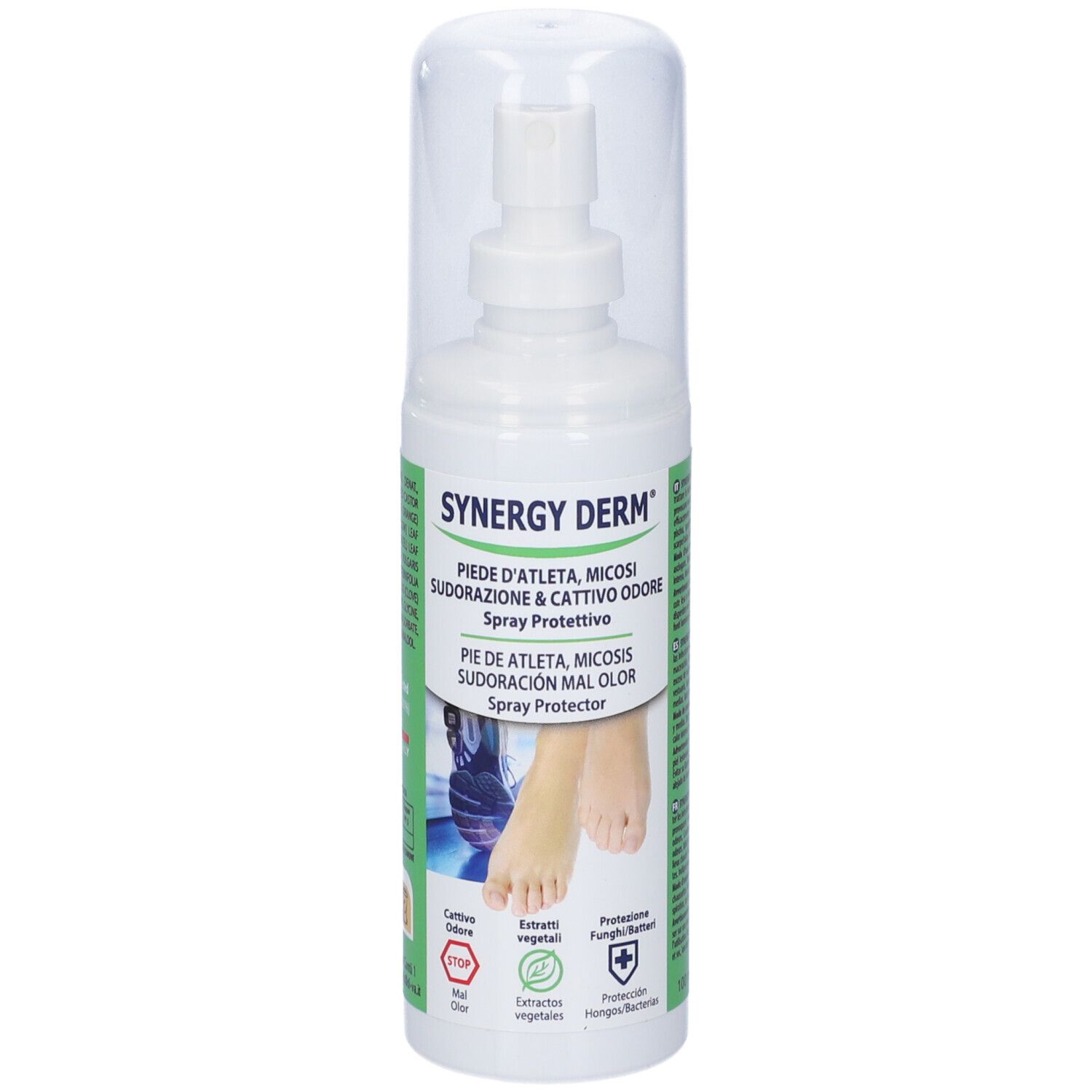 Synergy Derm spray. Bottiglia bianca con erogatore e tappo. Nome del prodotto e immagine del piede. Testo in italiano.