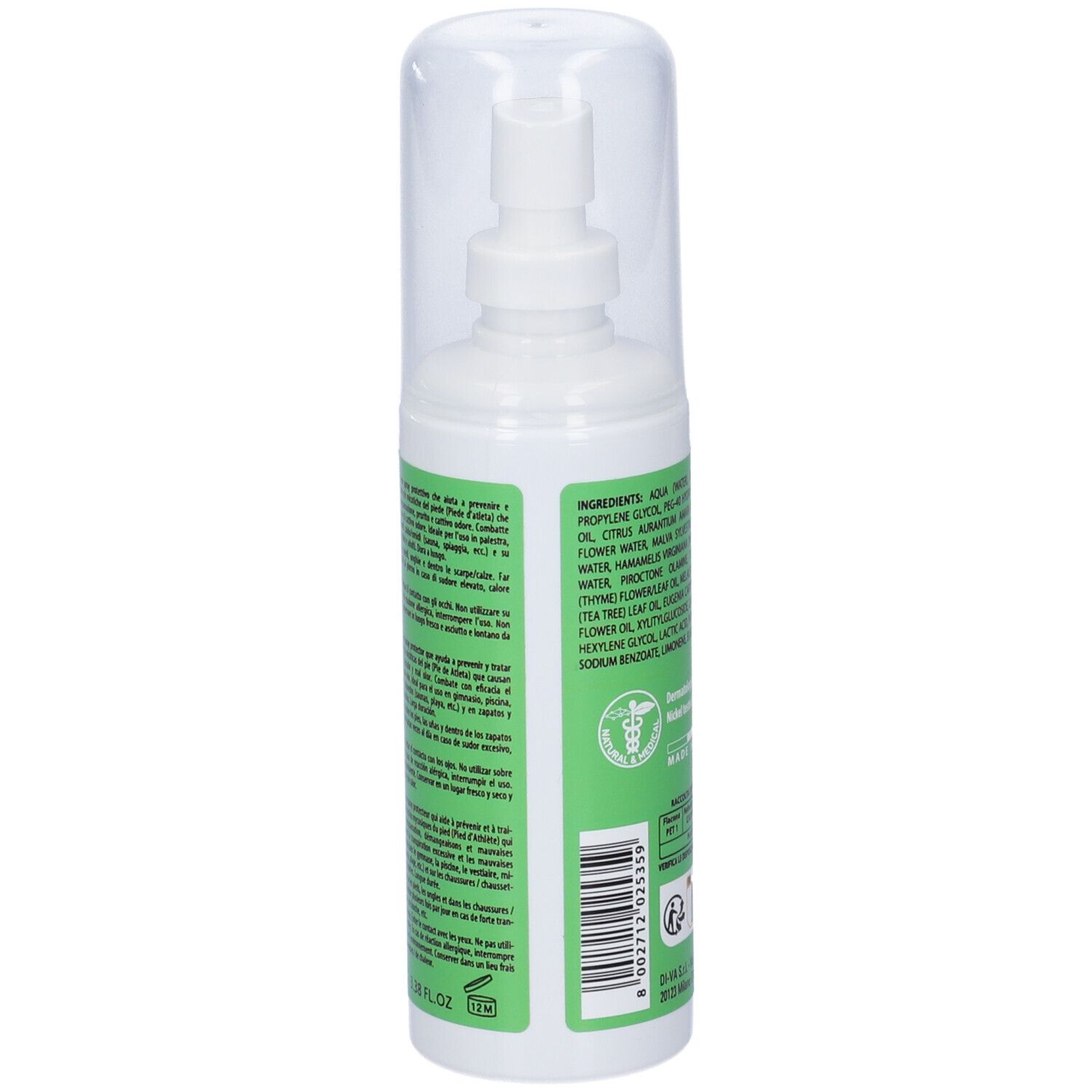 Synergy Derm spray. Retro della bottiglia con ingredienti e informazioni. Testo in italiano. Dermatologicamente testato.