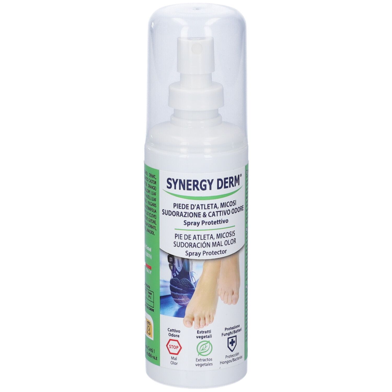 Synergy Derm spray. Bottiglia bianca con erogatore e tappo. Nome del prodotto e immagine del piede. Testo in italiano.