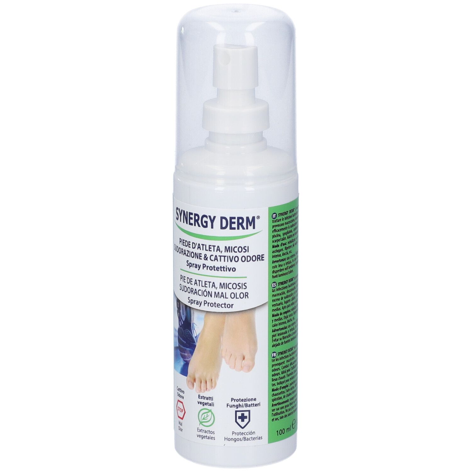 Synergy Derm spray. Bottiglia bianca con erogatore e tappo. Nome del prodotto e immagine del piede. Testo in italiano.